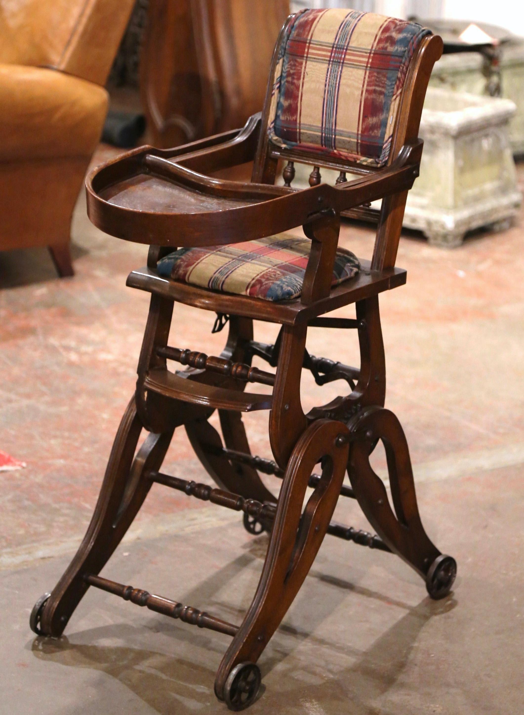 Victorian 19th Century English Carved Walnut and Fabric Convertible High Chair to Rocker For Sale