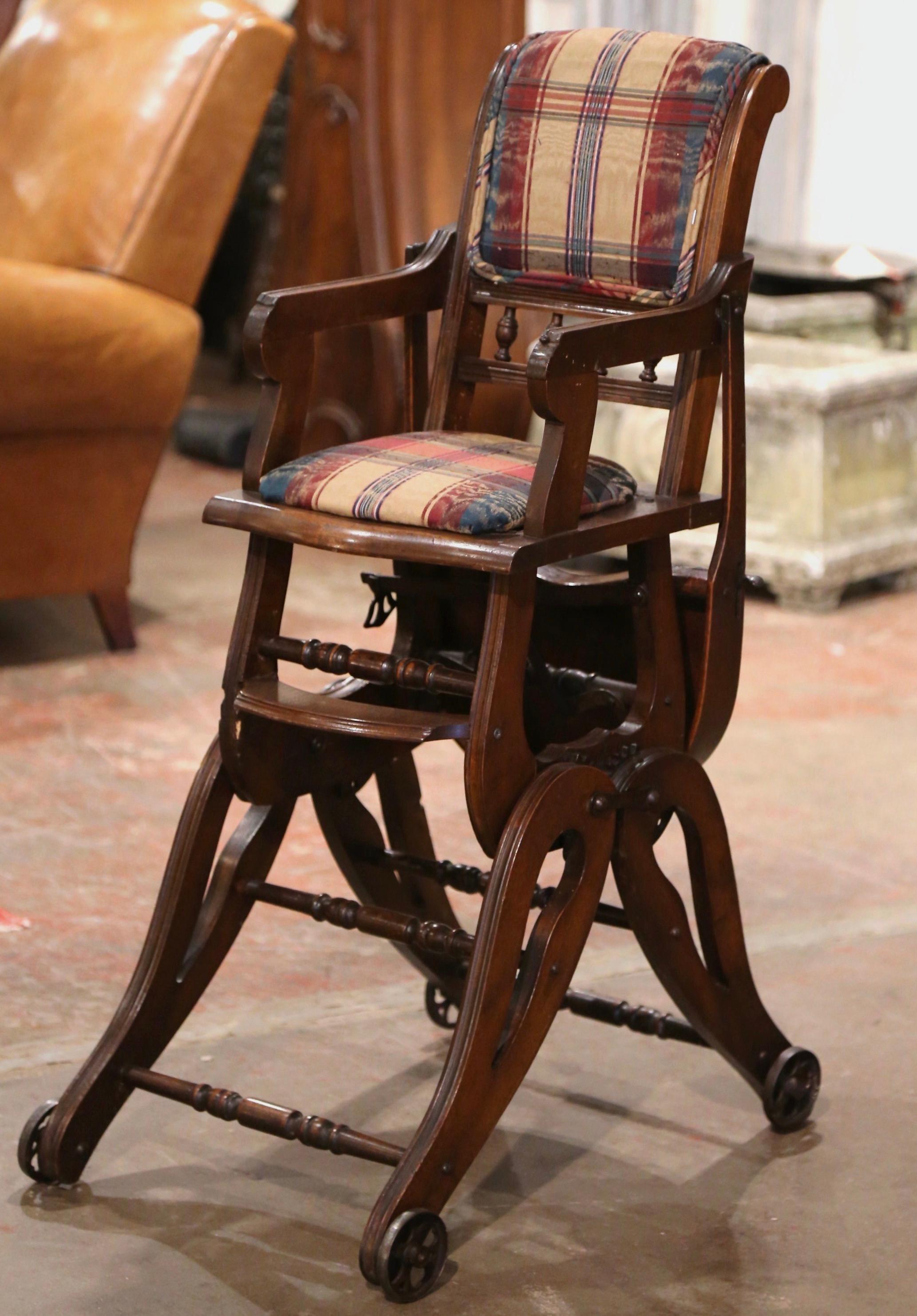 Patinated 19th Century English Carved Walnut and Fabric Convertible High Chair to Rocker For Sale