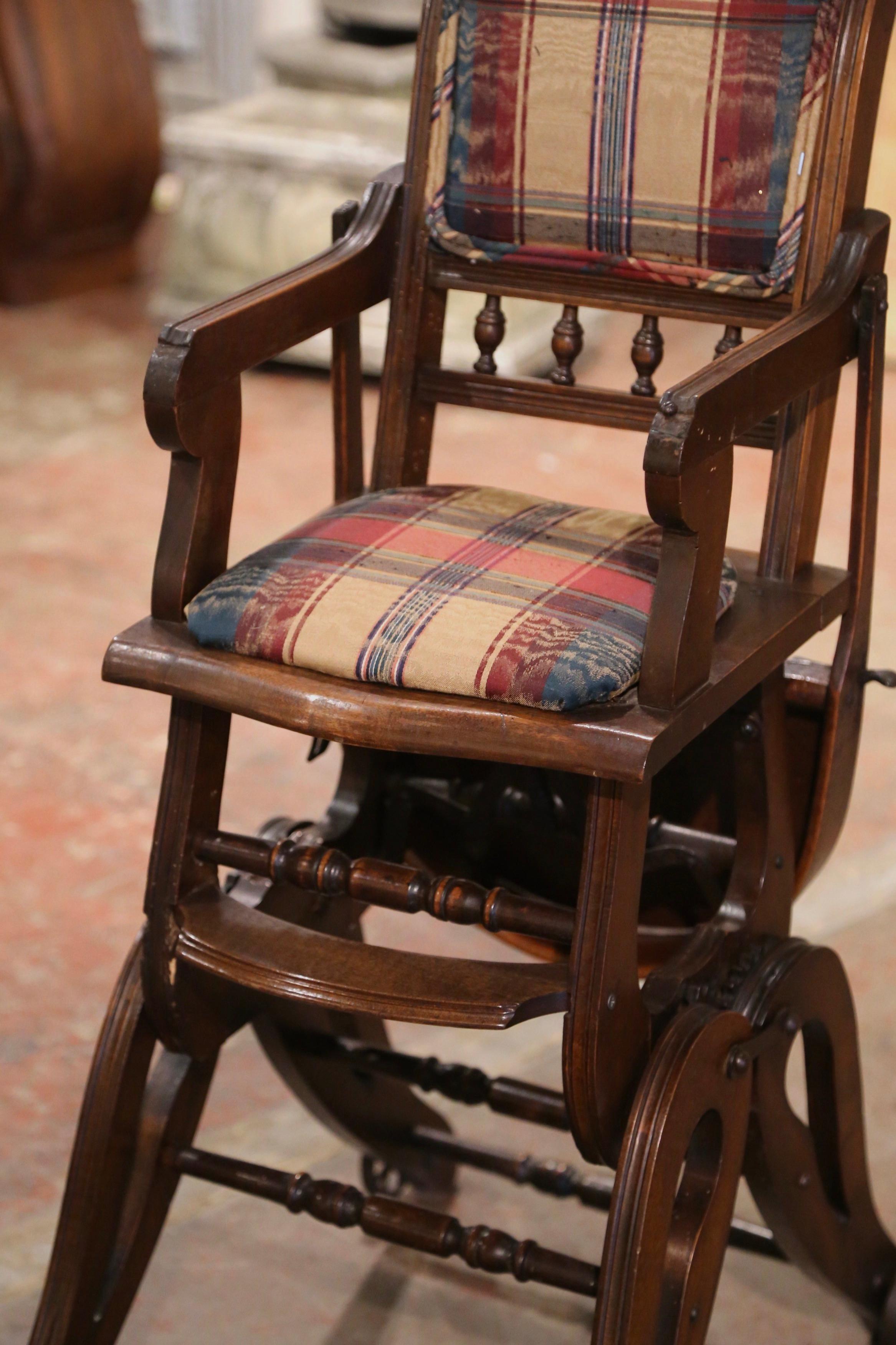 19th Century English Carved Walnut and Fabric Convertible High Chair to Rocker In Excellent Condition For Sale In Dallas, TX