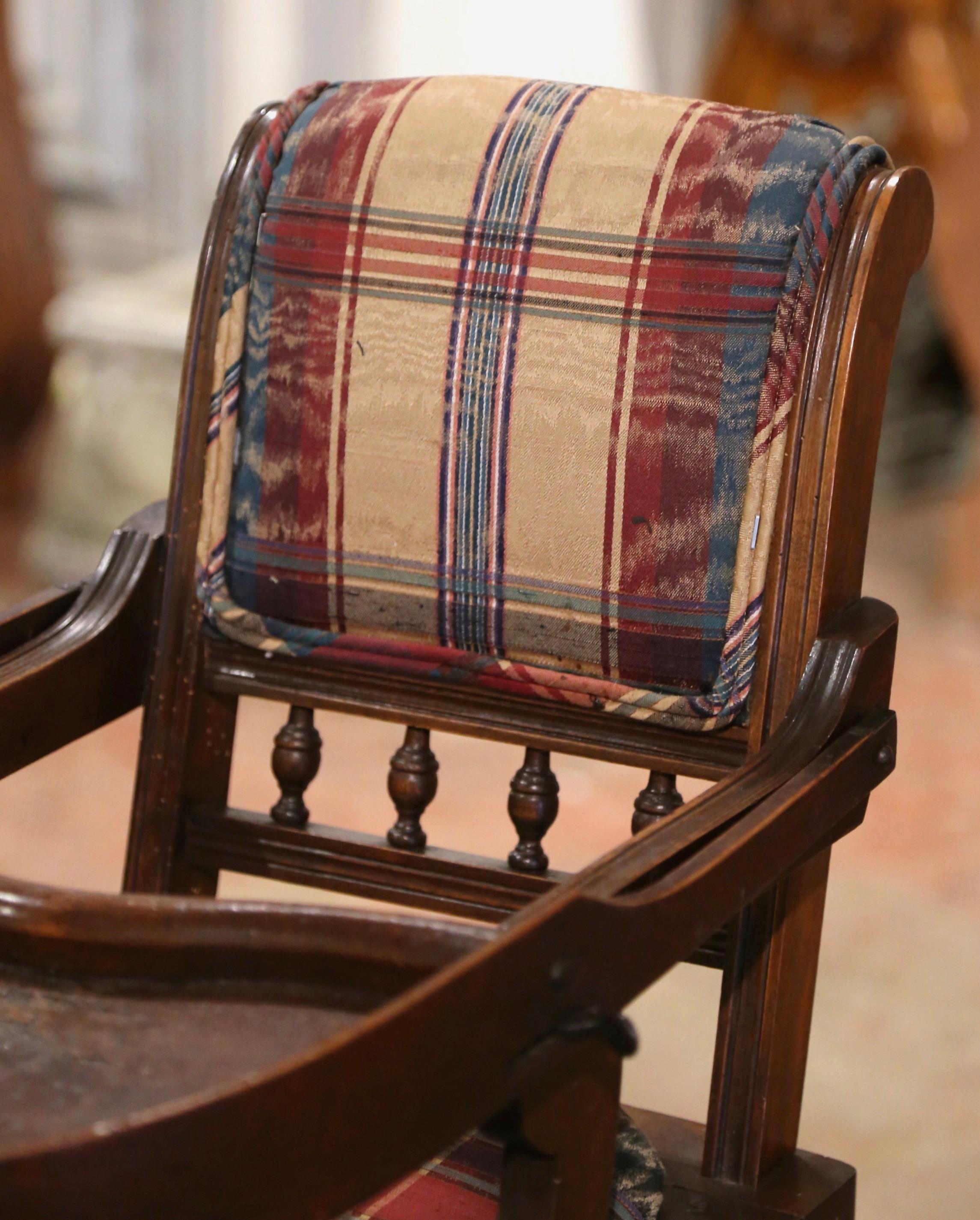 19th Century English Carved Walnut and Fabric Convertible High Chair to Rocker For Sale 1