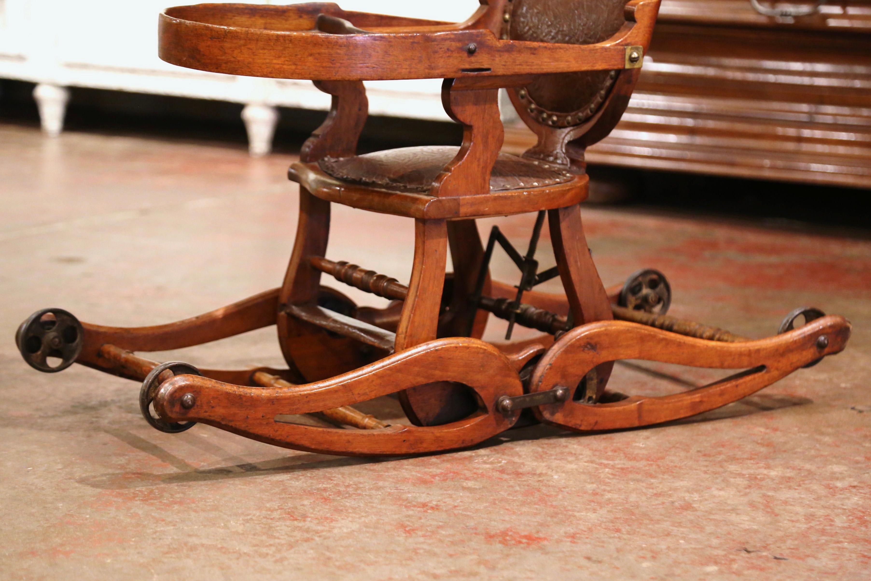 19th Century English Carved Walnut and Leather Adjustable High Chair Rocker 2