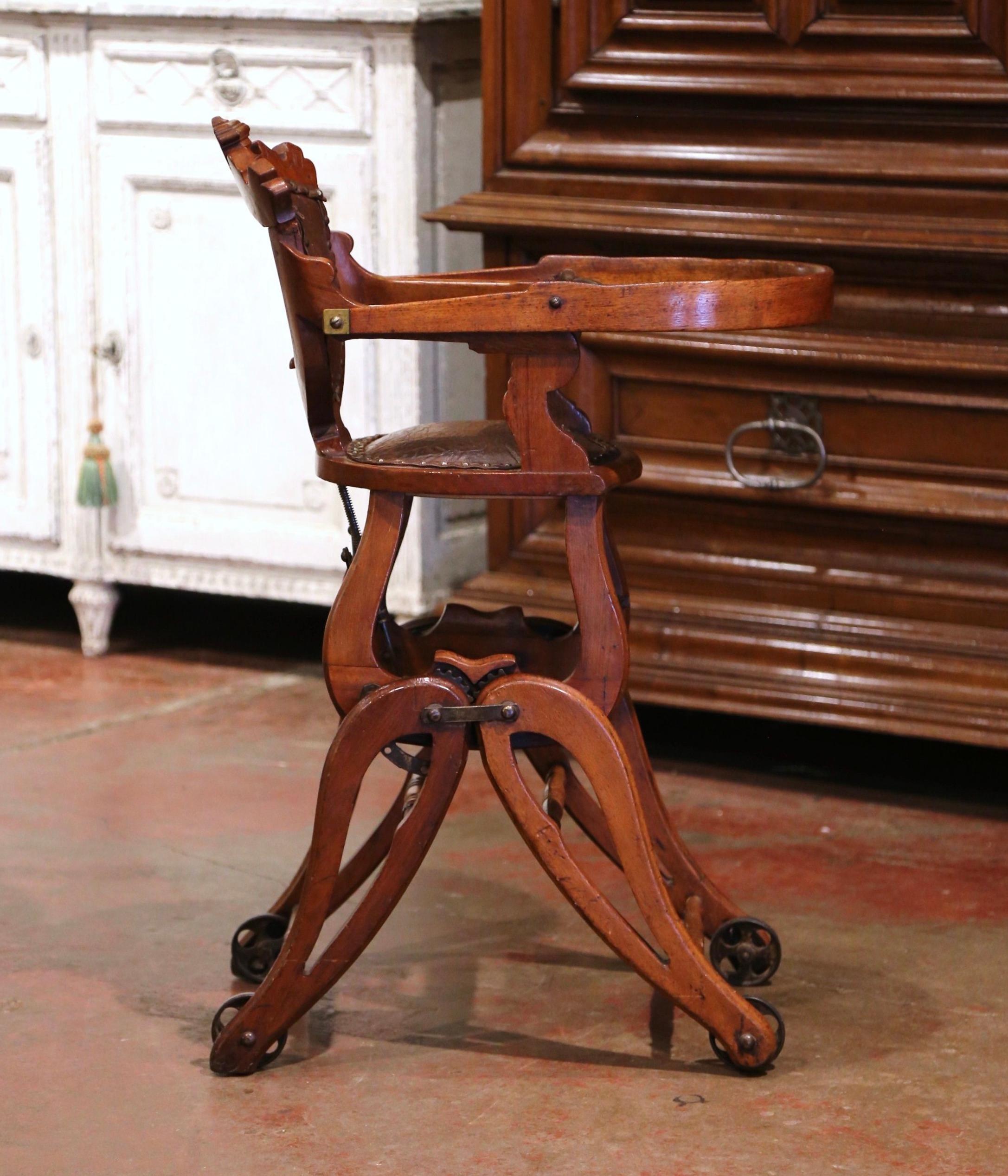 19th Century English Carved Walnut and Leather Adjustable High Chair Rocker 3