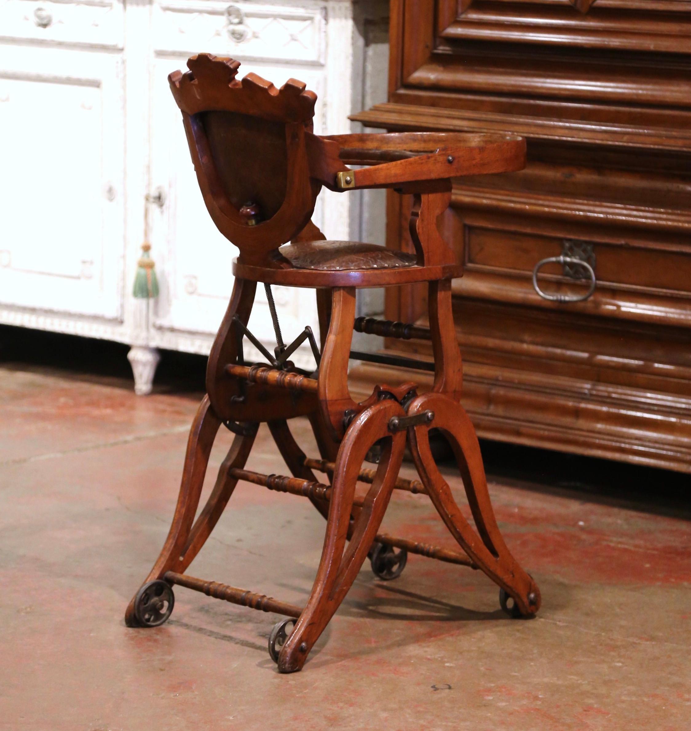 19th Century English Carved Walnut and Leather Adjustable High Chair Rocker 4