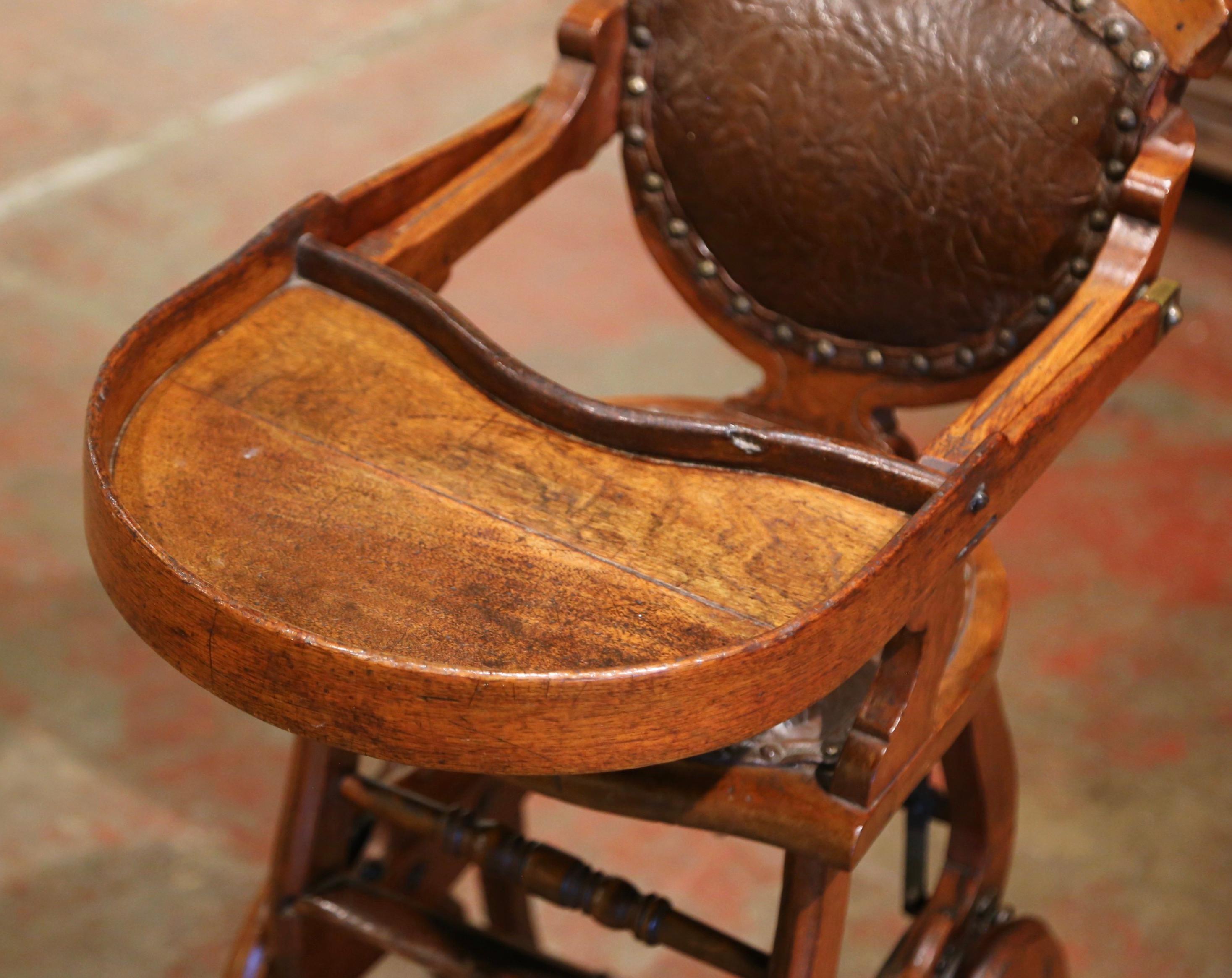 19th Century English Carved Walnut and Leather Adjustable High Chair Rocker 5