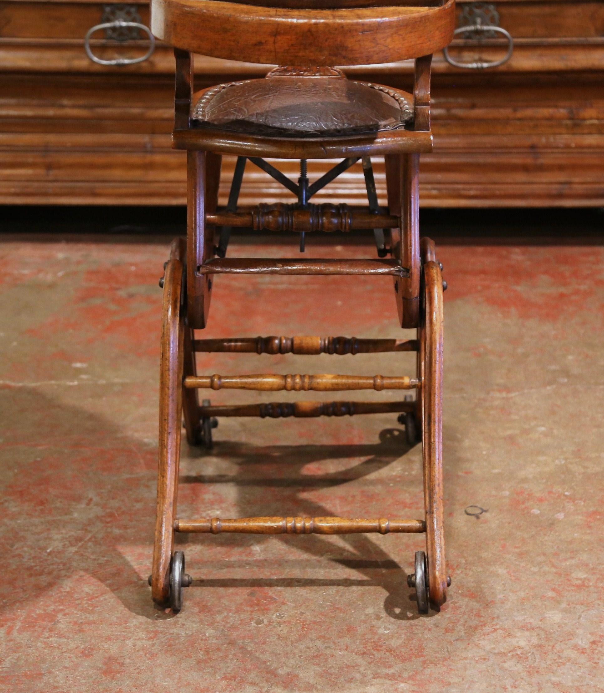 19th Century English Carved Walnut and Leather Adjustable High Chair Rocker 6