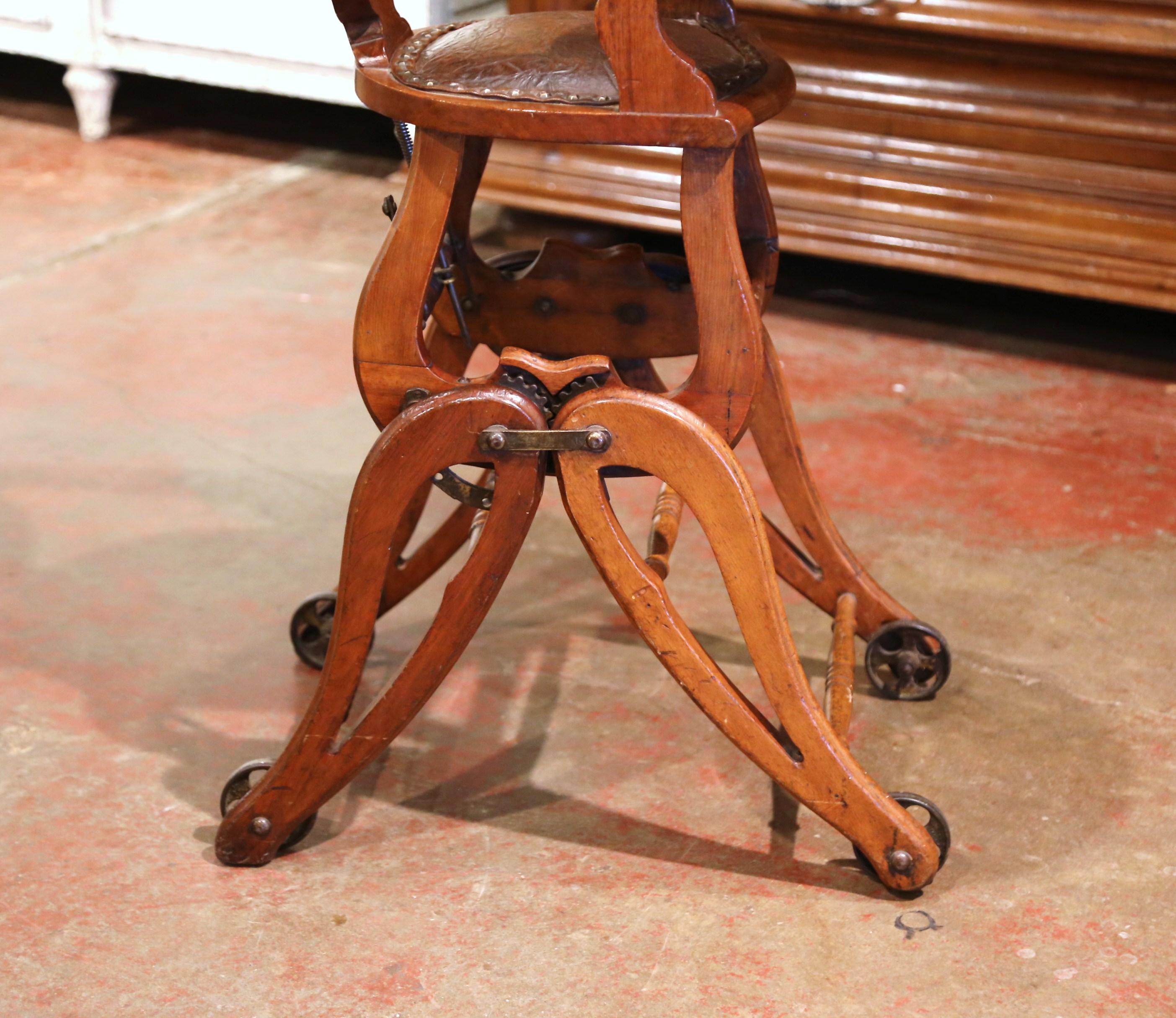 19th Century English Carved Walnut and Leather Adjustable High Chair Rocker 8