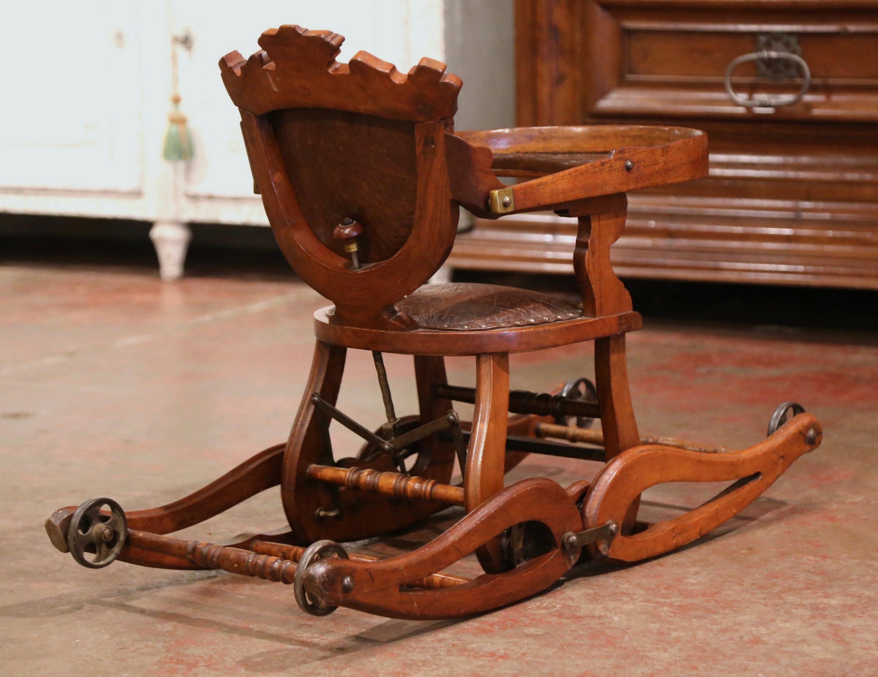 19th Century English Carved Walnut and Leather Adjustable High Chair Rocker 10