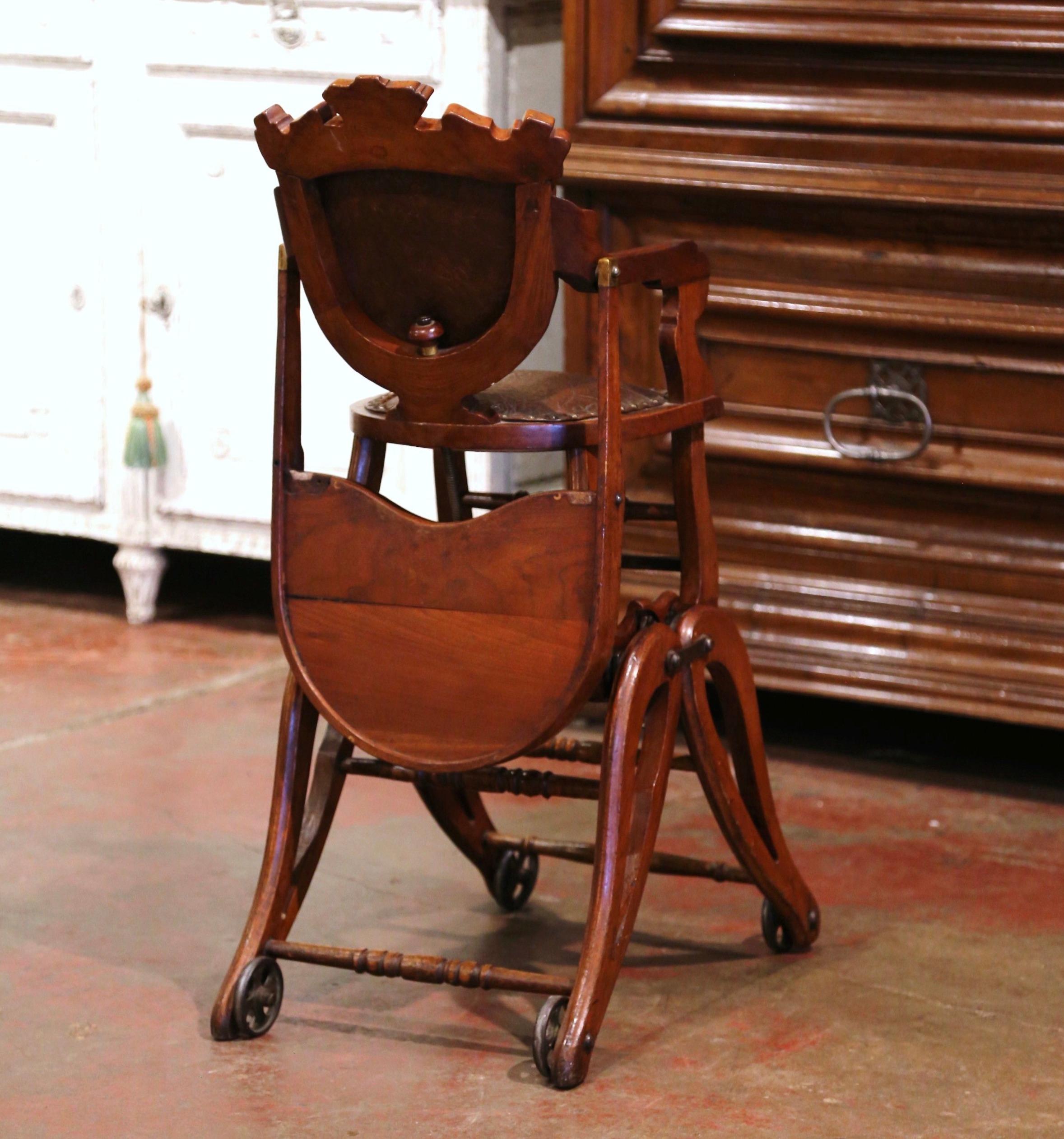 19th Century English Carved Walnut and Leather Adjustable High Chair Rocker 11