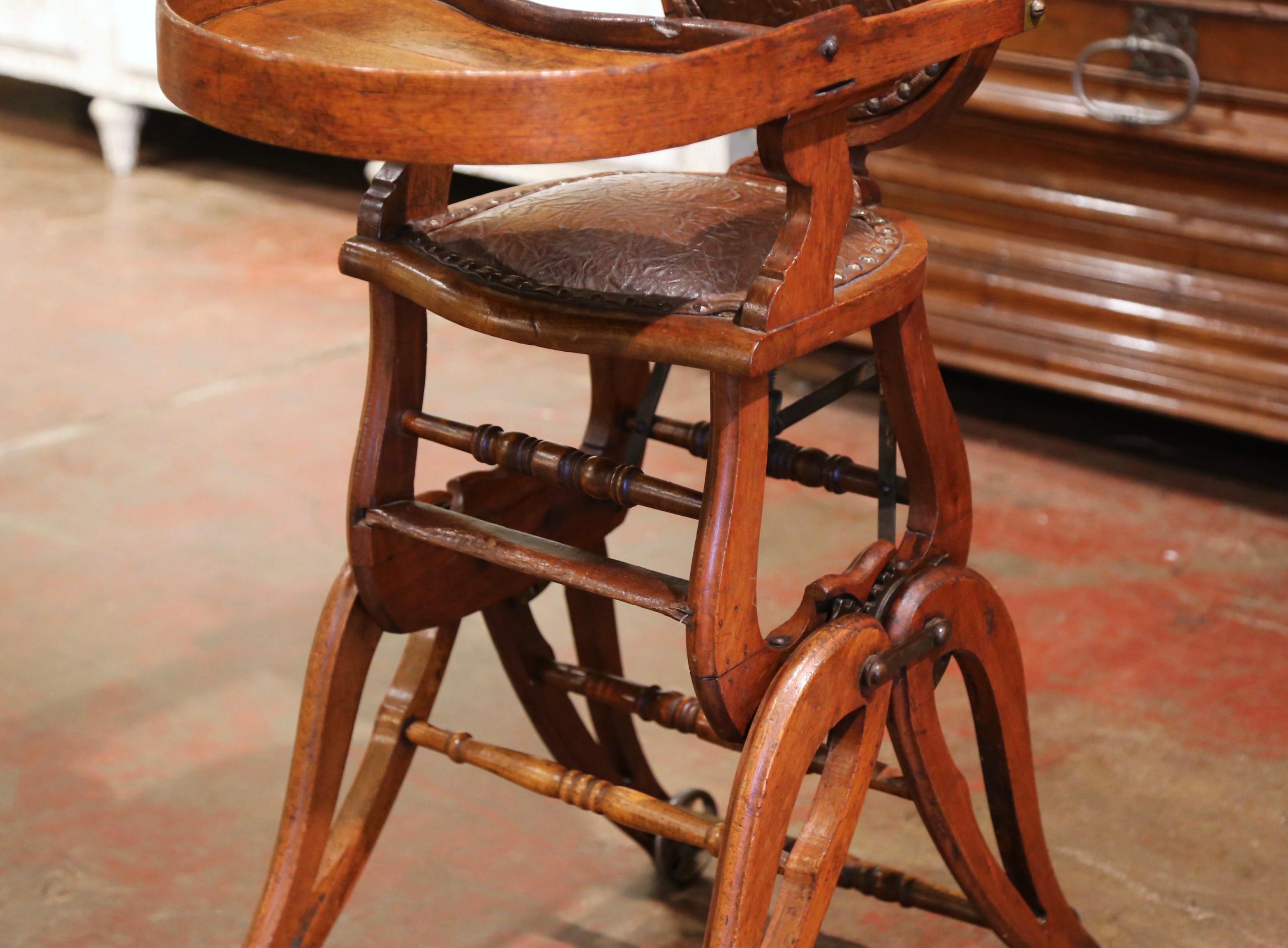 19th Century English Carved Walnut and Leather Adjustable High Chair Rocker 1