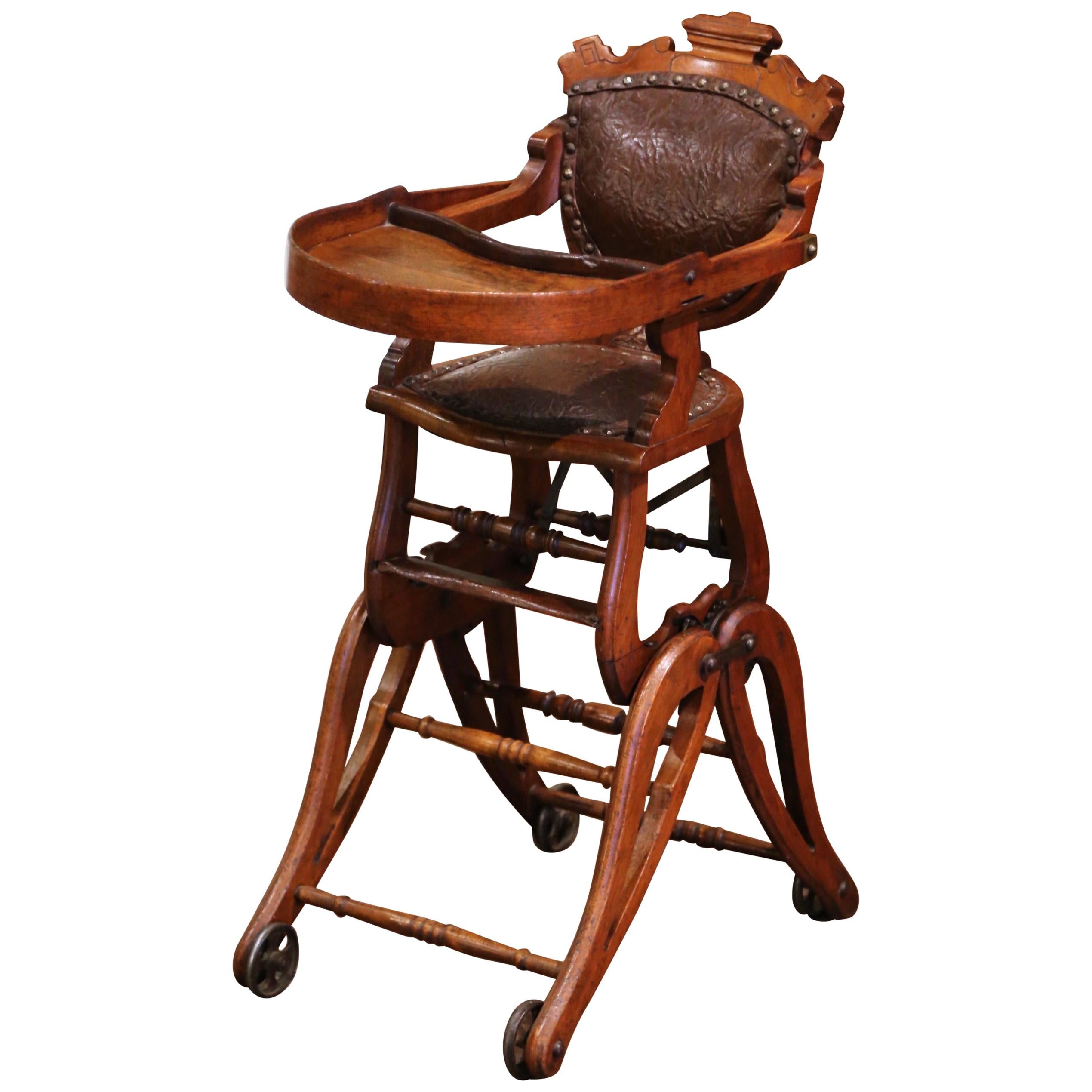 19th Century English Carved Walnut and Leather Adjustable High Chair Rocker