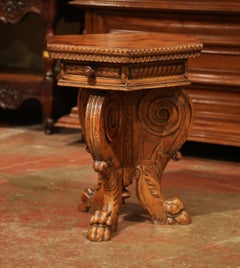 19th Century English Carved Walnut Side Table with Two Drawers and Hexagonal Top