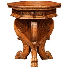 Antique 19th Century English Carved Walnut Side Table with Two Drawers and Hexagonal Top