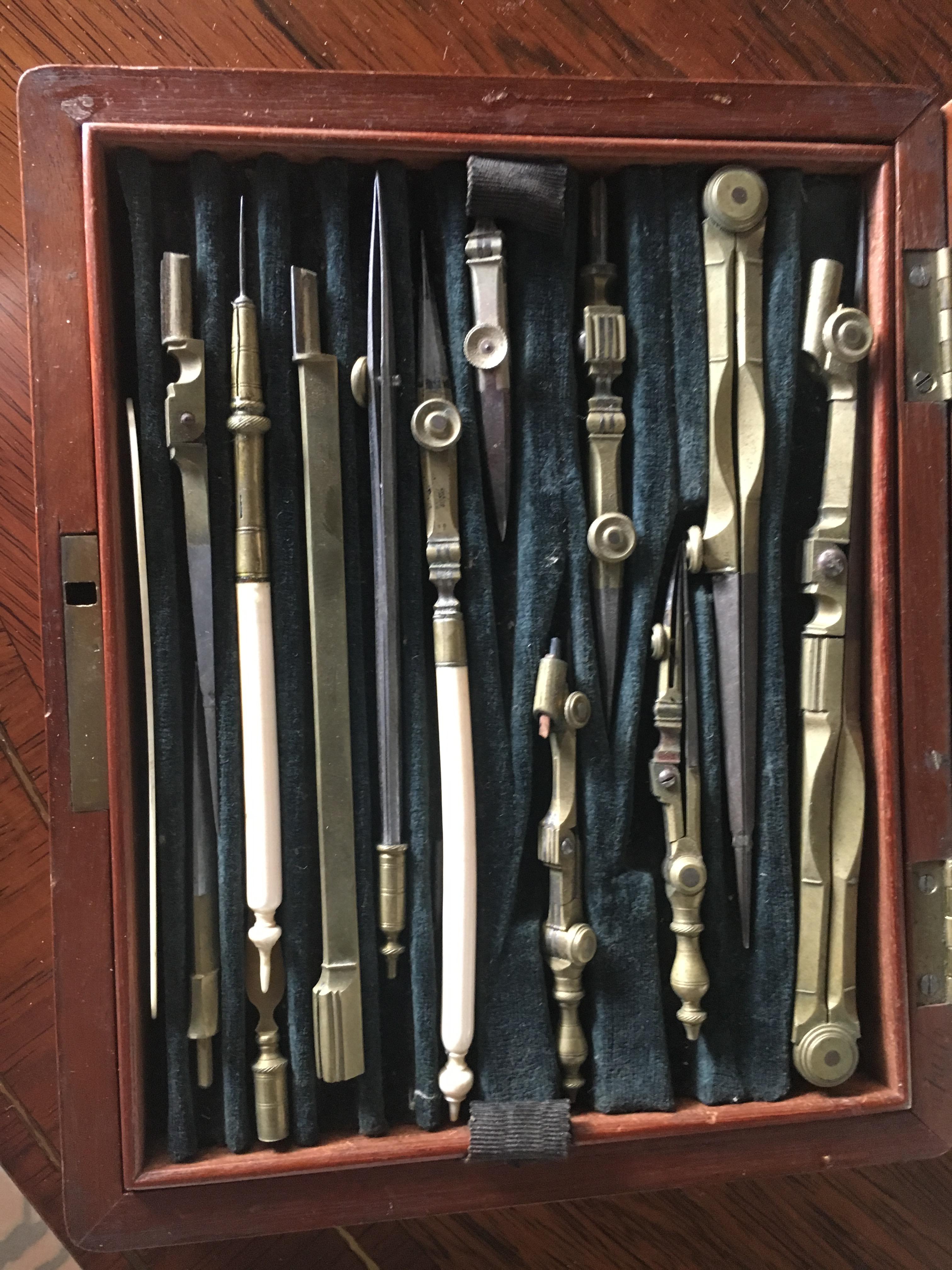 An 19th century English cased drawing set length of longest tool. Measures: 6 1/4 inches.