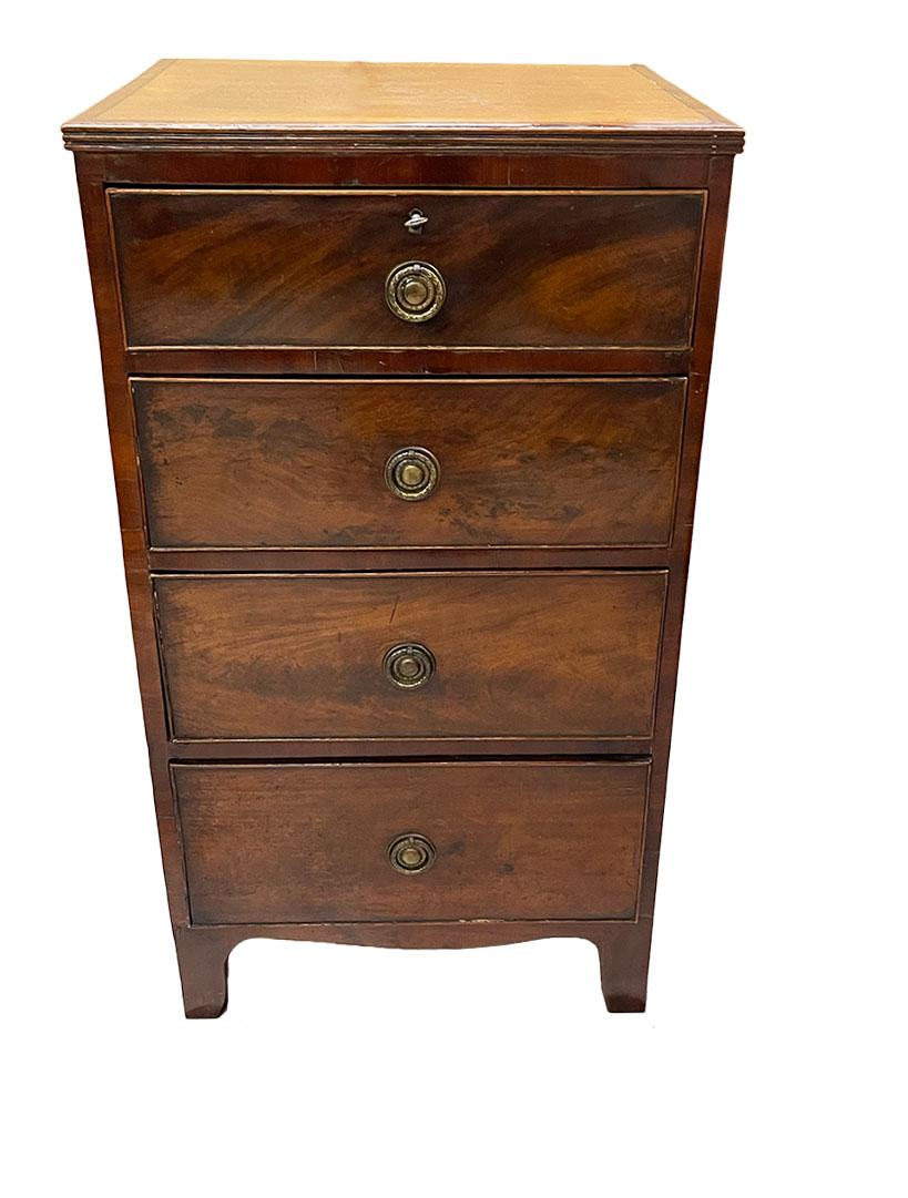 19th Century English chest of drawers

A 19th Century Chest of drawes of mahogany wood with 4 drawers. Each drawer has a round fitting. The key ispresent, but lock is not working. The chest of drawers shows some traces of use. 
The measurements are