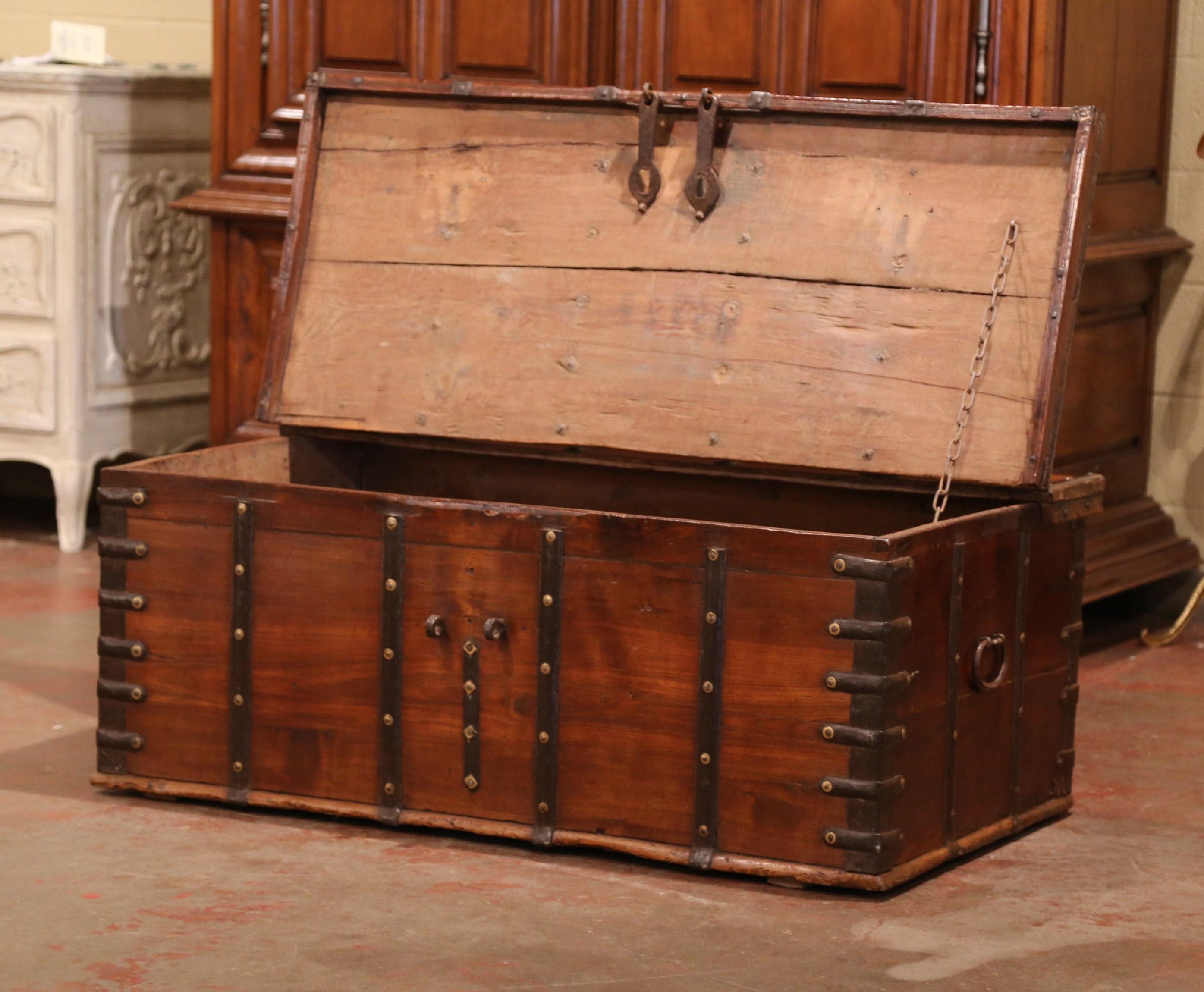 Gothic 19th Century English Chestnut and Wrought Iron Coffee Table Trunk