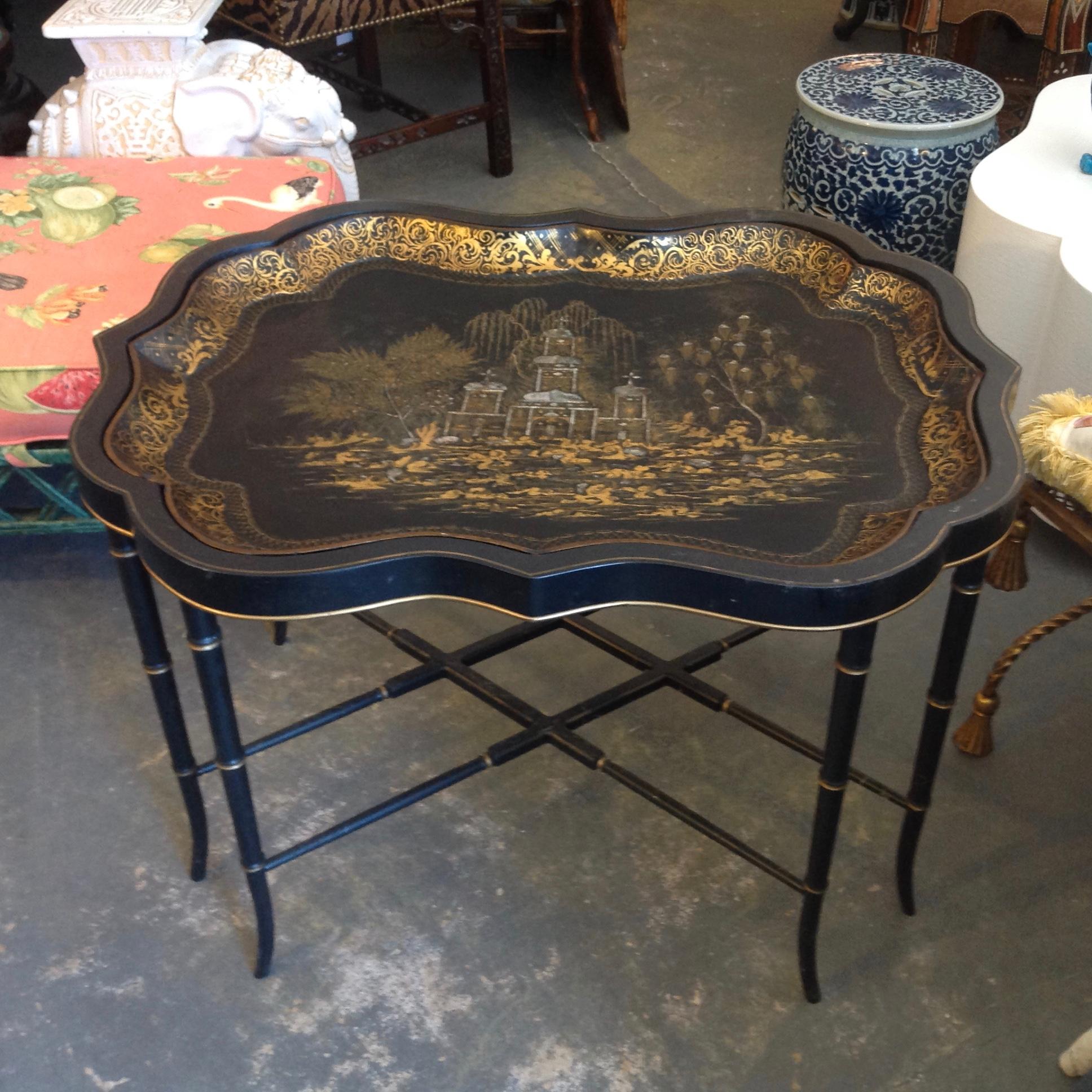 Hand-Painted 19th Century English Chinoiserie Abalone and Gilt Papier Mâché Tray on Stand