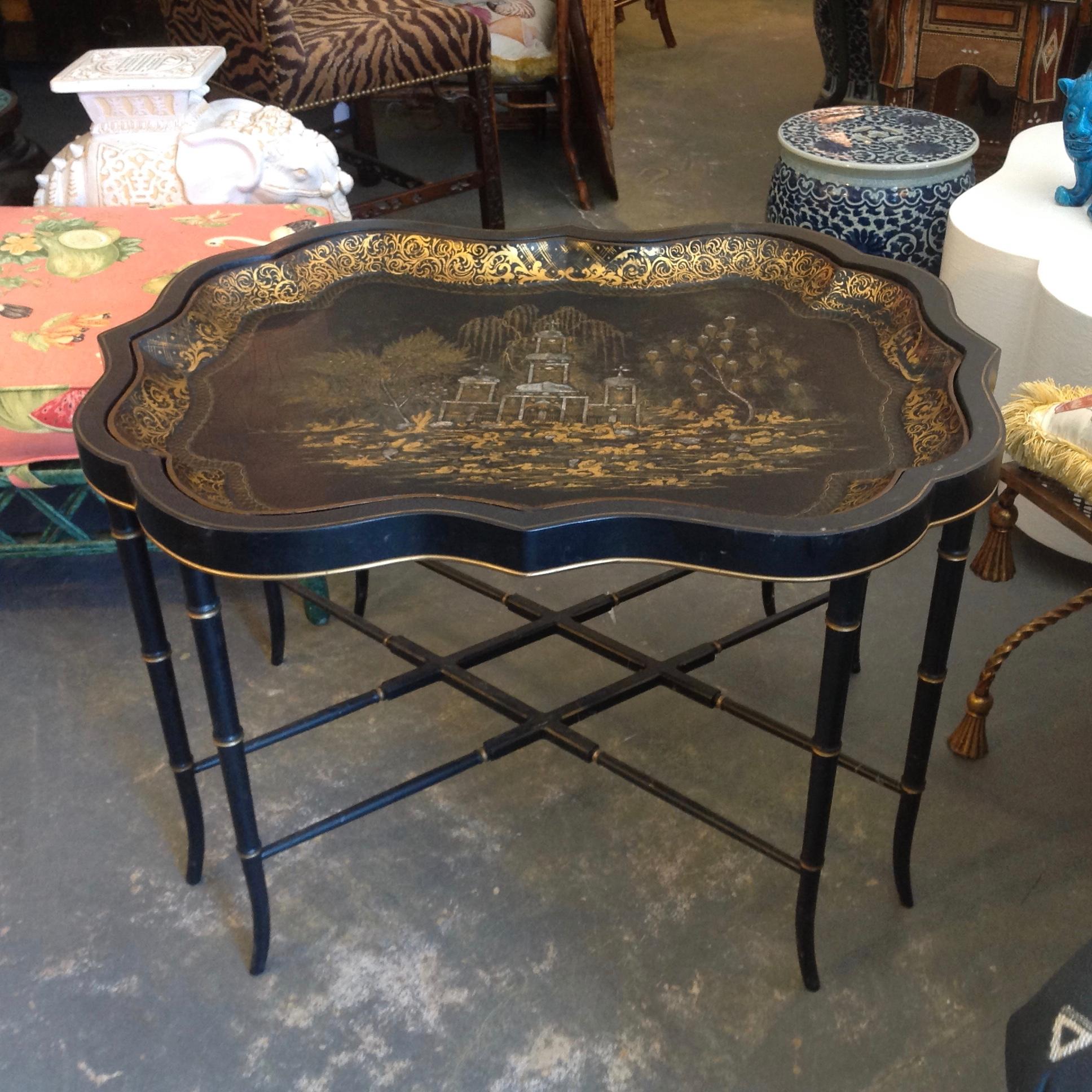 19th Century English Chinoiserie Abalone and Gilt Papier Mâché Tray on Stand In Good Condition In West Palm Beach, FL