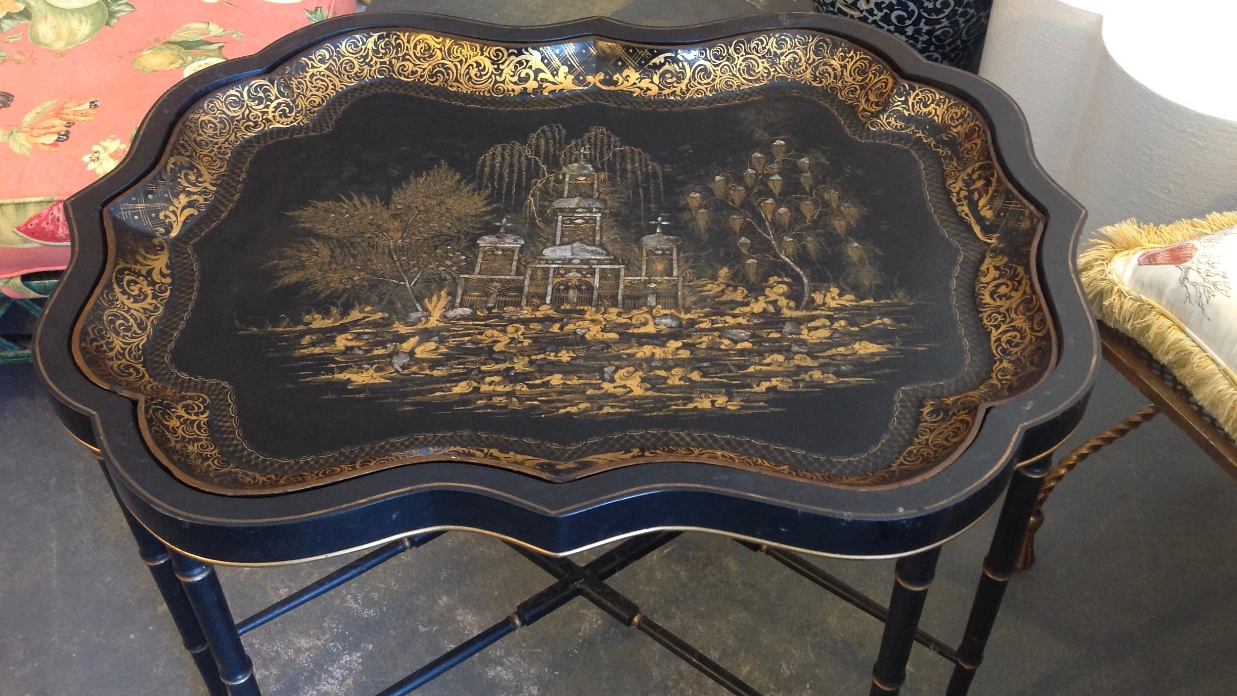 Lacquer 19th Century English Chinoiserie Abalone and Gilt Papier Mâché Tray on Stand
