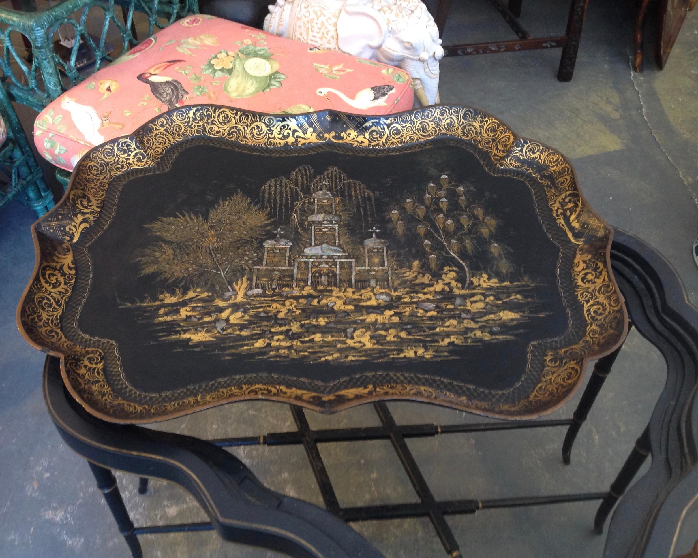 19th Century English Chinoiserie Abalone and Gilt Papier Mâché Tray on Stand 2