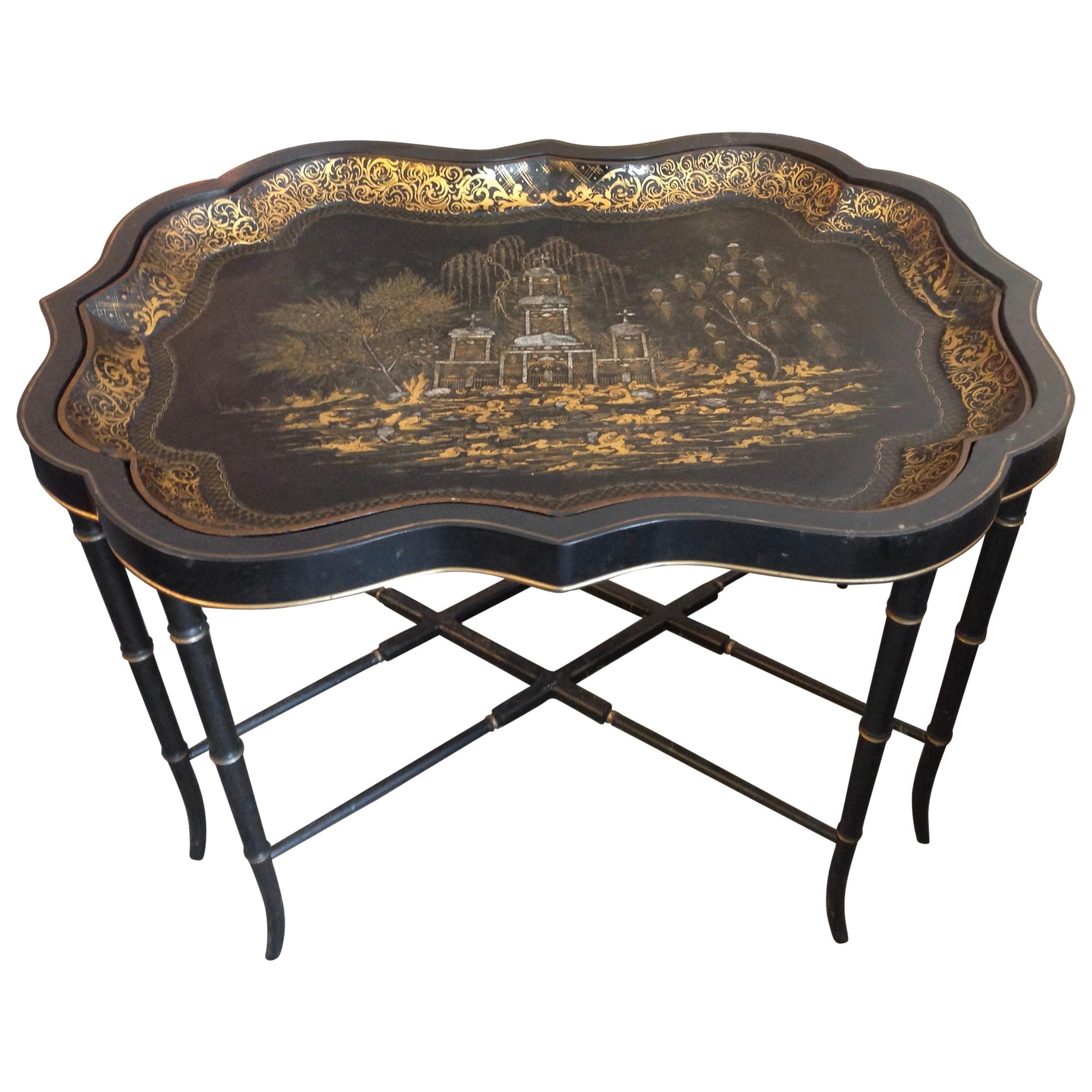 19th Century English Chinoiserie Abalone and Gilt Papier Mâché Tray on Stand