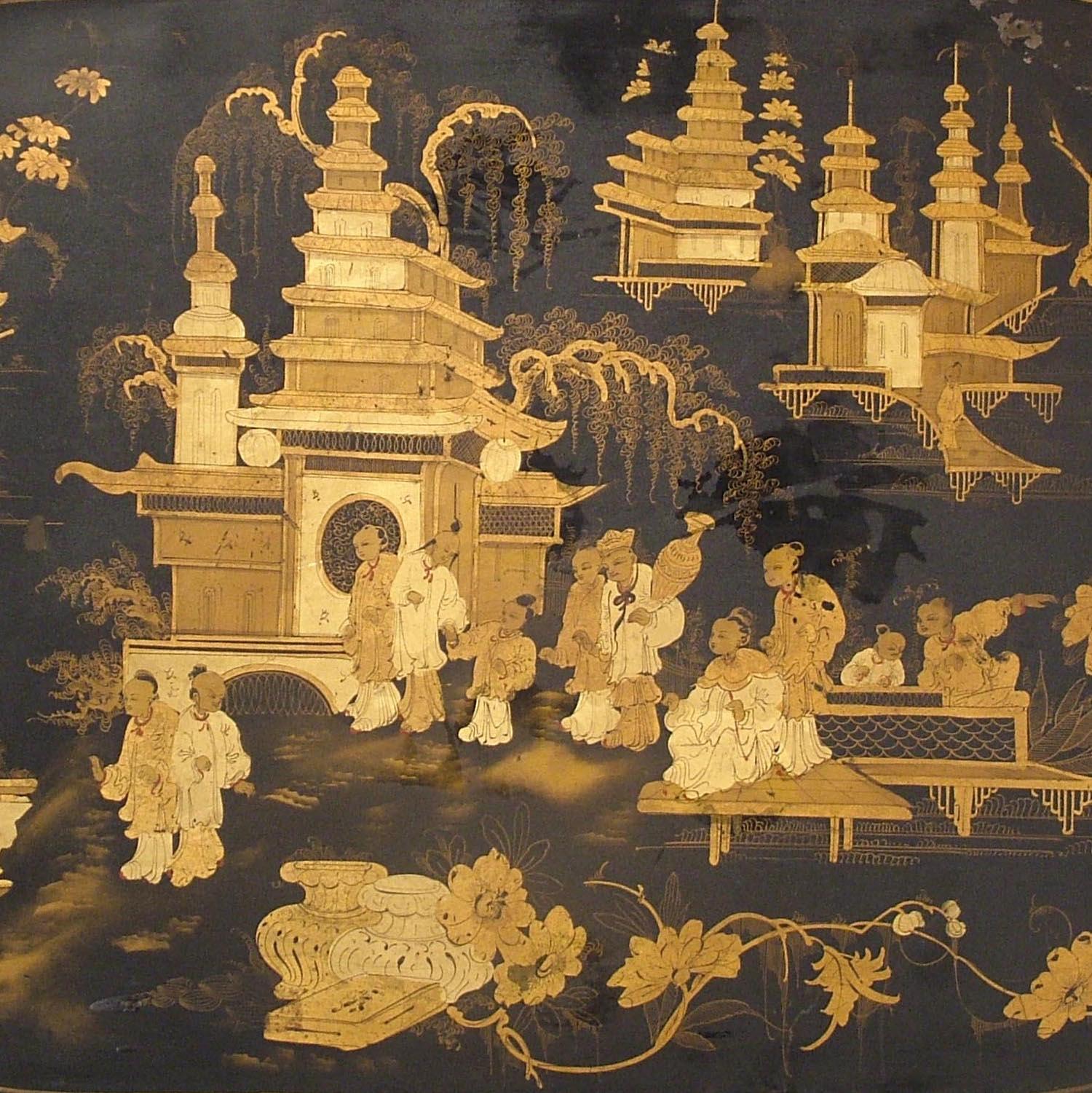 Japanned onto tinplated steel, of dished form, with radiused corners and pierced handles, decorated in gilt with Chinoiserie scenes of court life.

Dimensions: 26 in / 66 cm x 33 in / 84 cm.

After the invention of the rolling mill, which