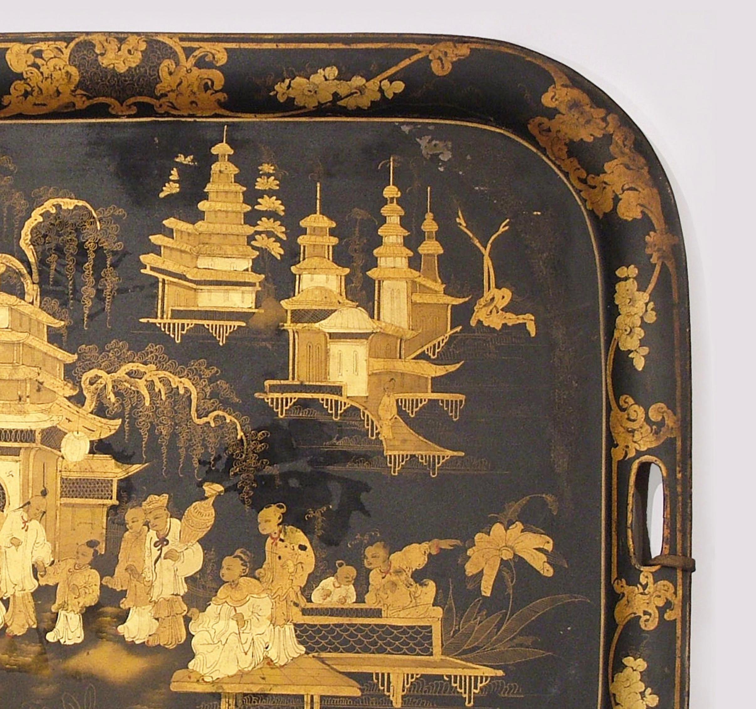 Welsh 19th Century English Chinoiserie and Gilt Japanned Tray of the Regency Period  For Sale