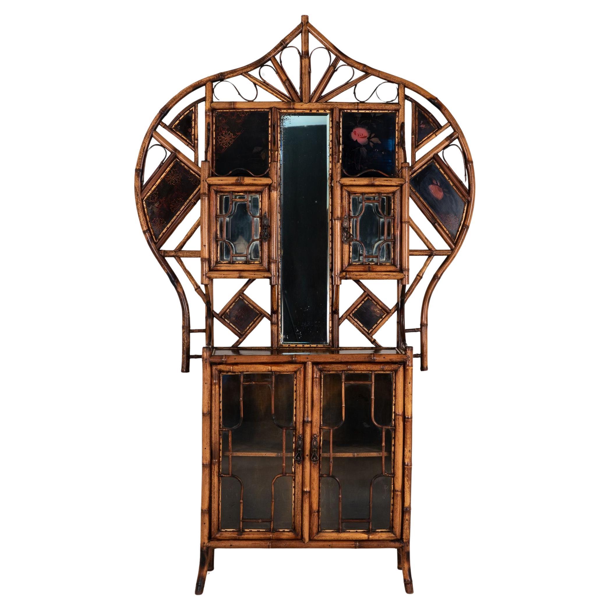 19th Century English Chinoiserie Bamboo Glazed Front Cabinet