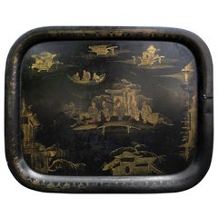 19th Century English Chinoiserie Black and Gilt Rectangular Tole Tray