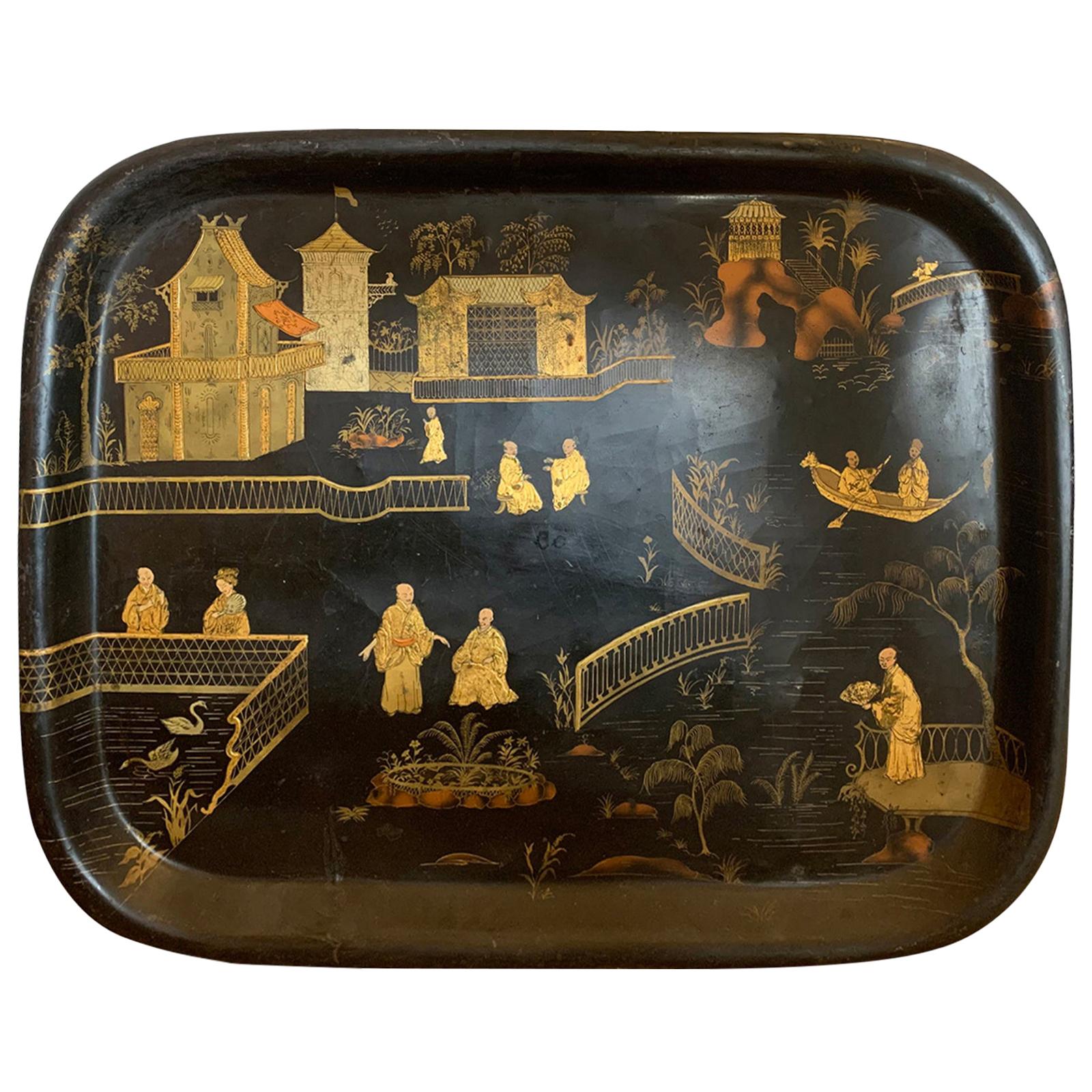 19th Century English Chinoiserie Black and Gilt Rectangular Tole Tray For Sale