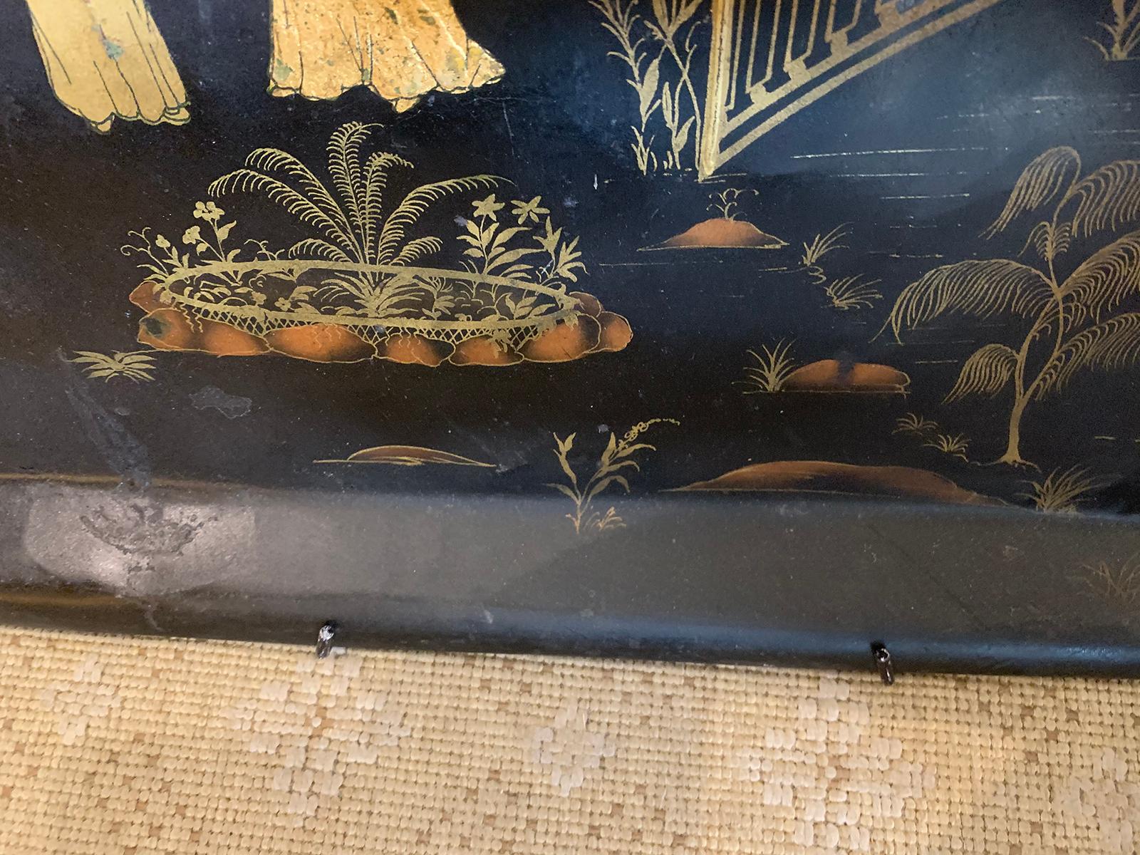 19th Century English Chinoiserie Black and Gilt Rectangular Tole Tray For Sale 7