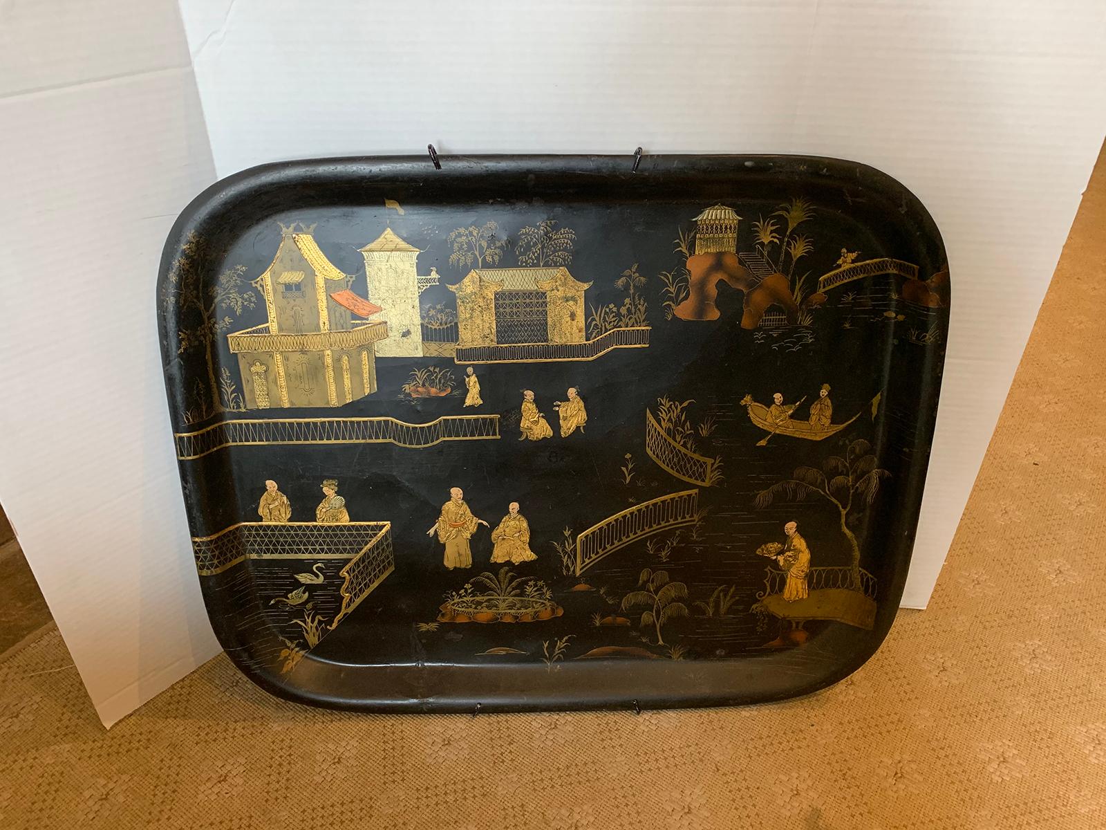 19th Century English Chinoiserie Black and Gilt Rectangular Tole Tray For Sale 9