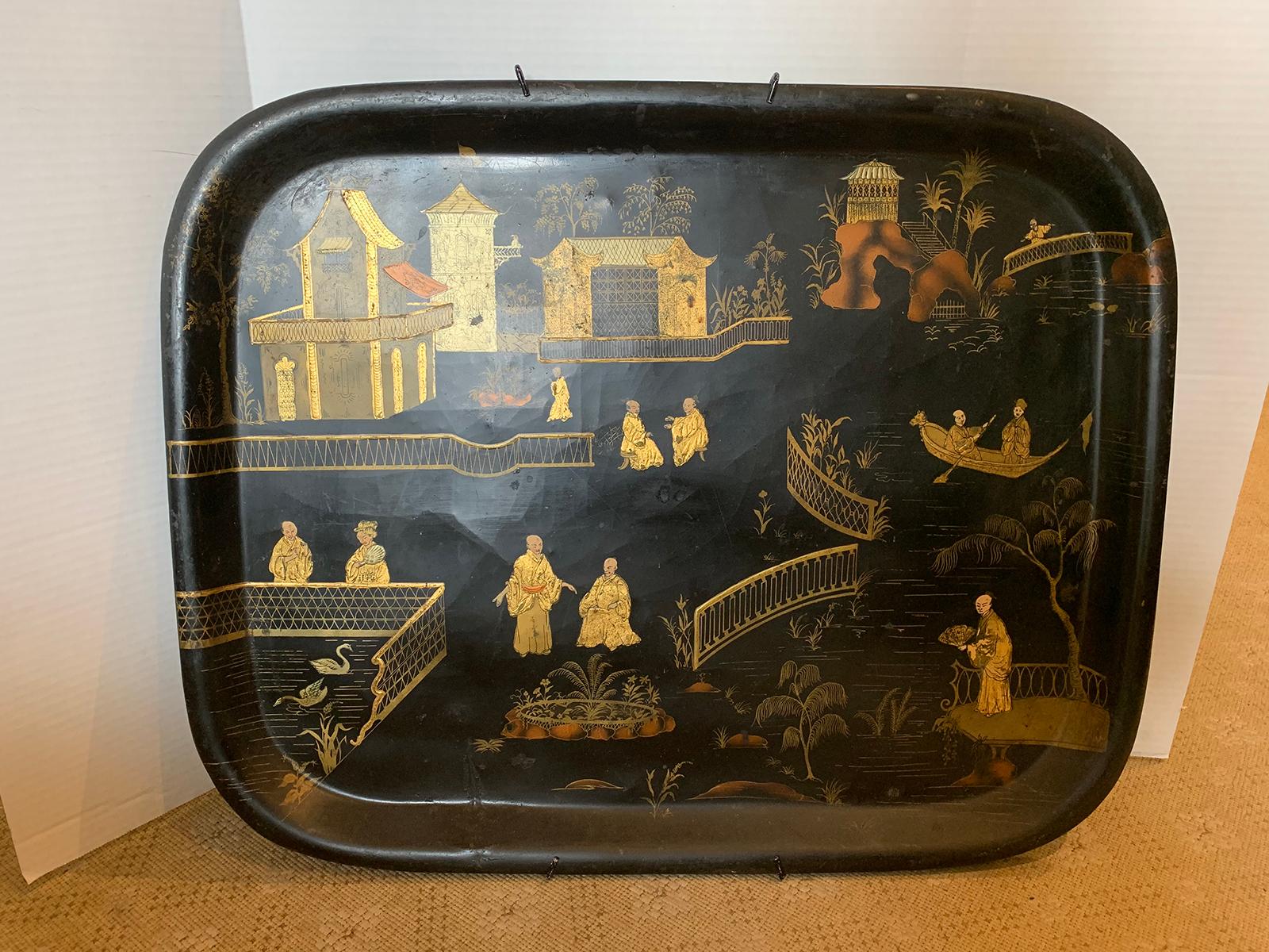 19th century English chinoiserie black and gilt rectangular tole tray.