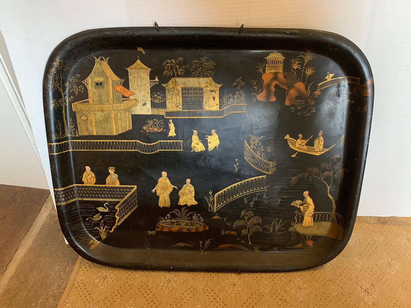 19th Century English Chinoiserie Black and Gilt Rectangular Tole Tray In Good Condition For Sale In Atlanta, GA