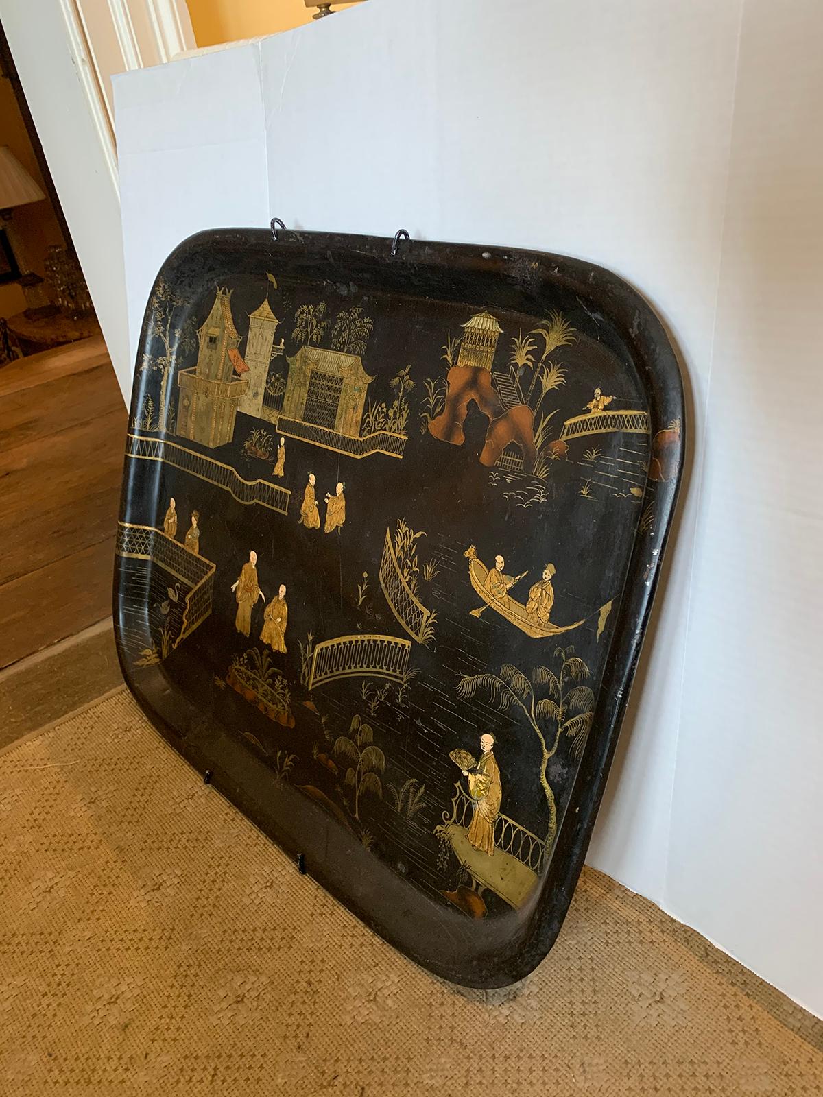 Tôle 19th Century English Chinoiserie Black and Gilt Rectangular Tole Tray For Sale