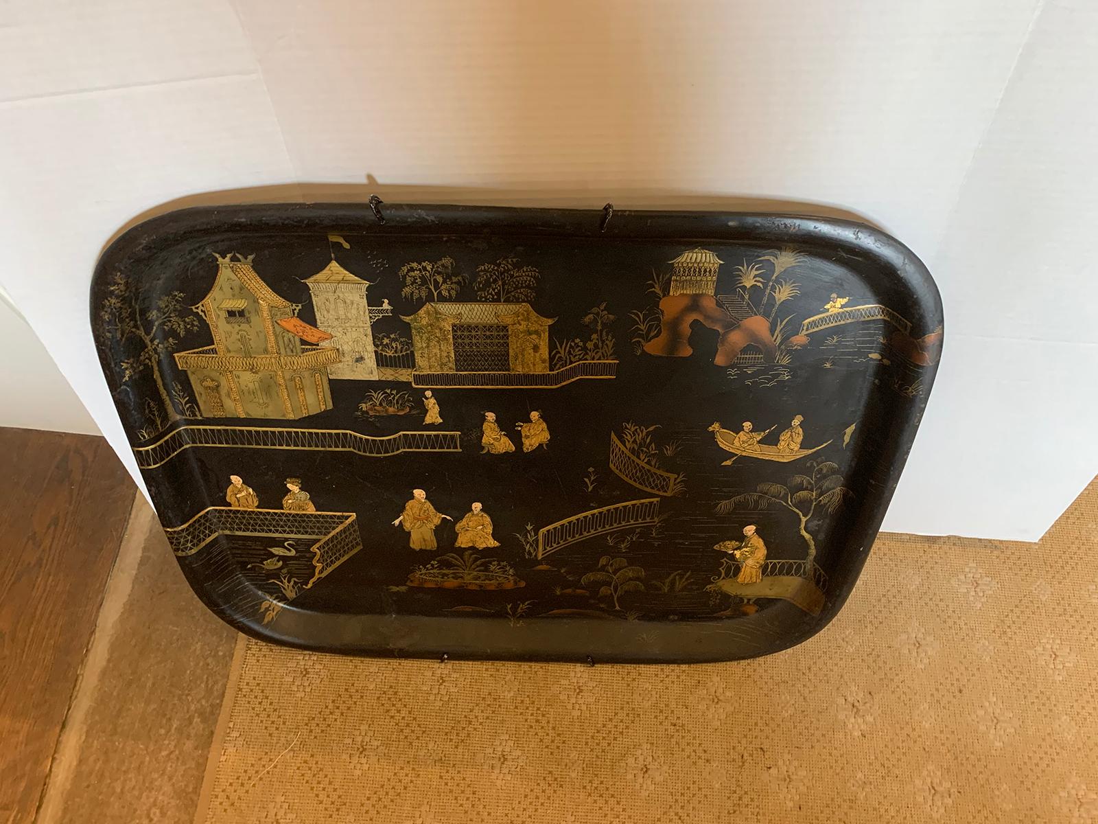19th Century English Chinoiserie Black and Gilt Rectangular Tole Tray For Sale 1