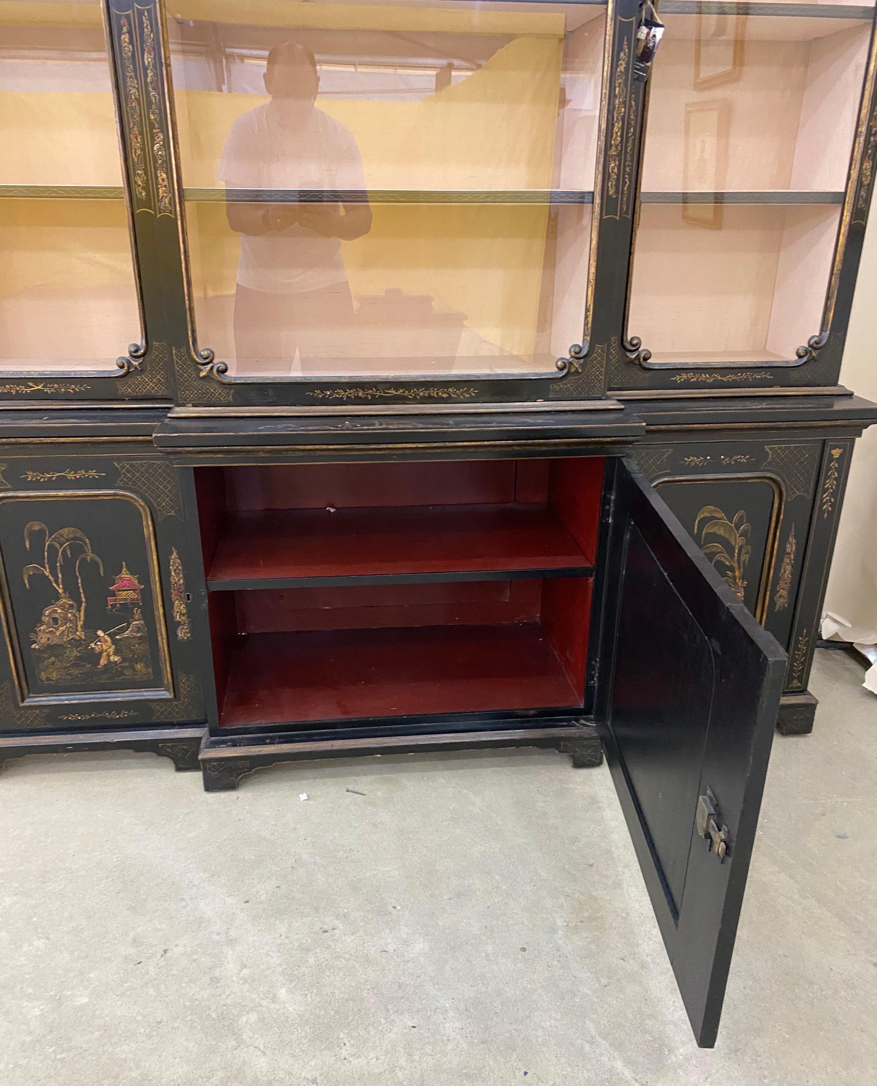 19th Century English Chinoiserie Breakfront China Cabinet or Bookcase 3