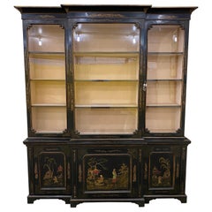 Antique 19th Century English Chinoiserie Breakfront China Cabinet or Bookcase