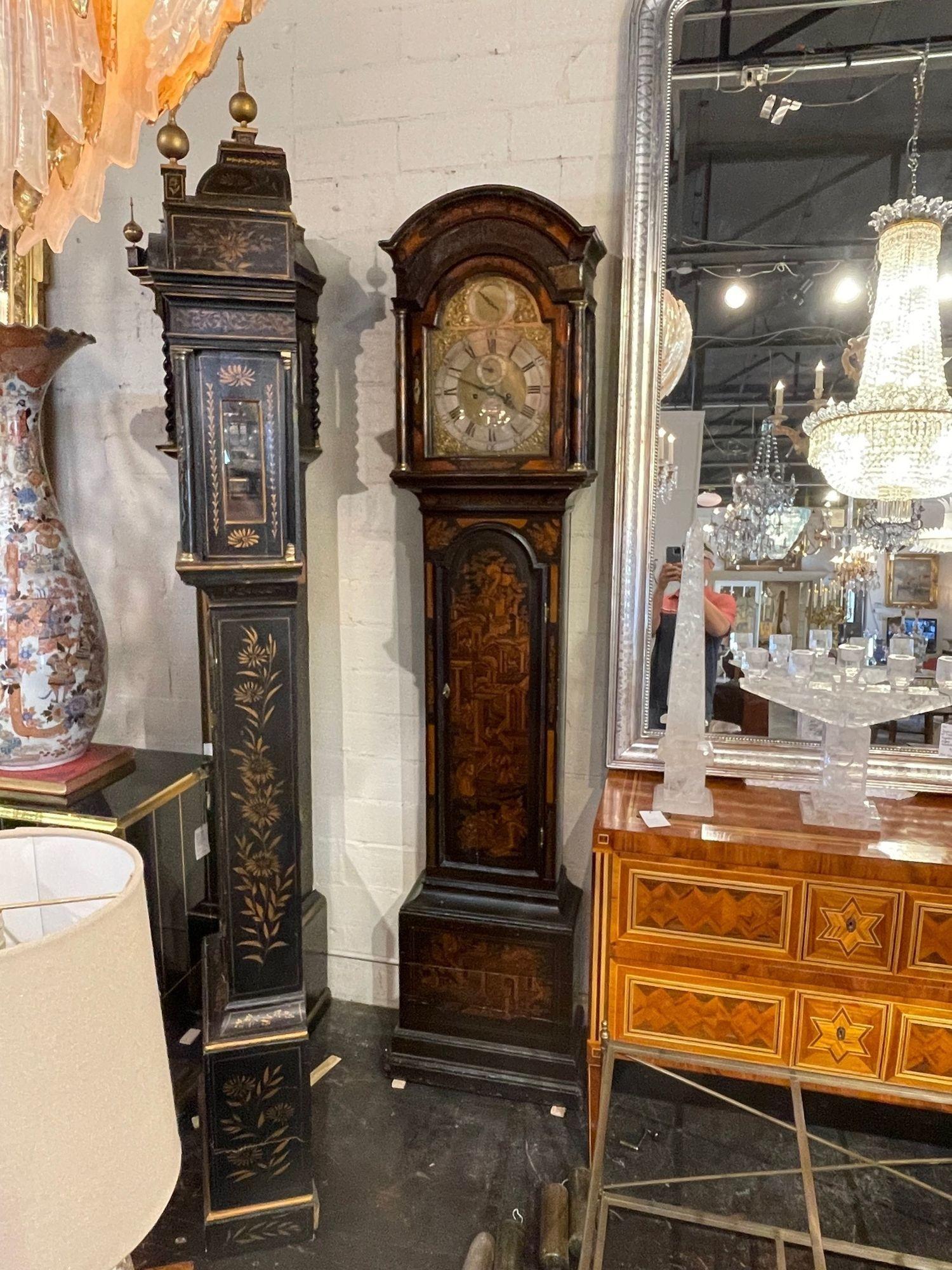 Very special 19th century Englished Chinoiserie decorated tall case clock. Featuring very pretty Asian images along with a decorative face. Gorgeous!!