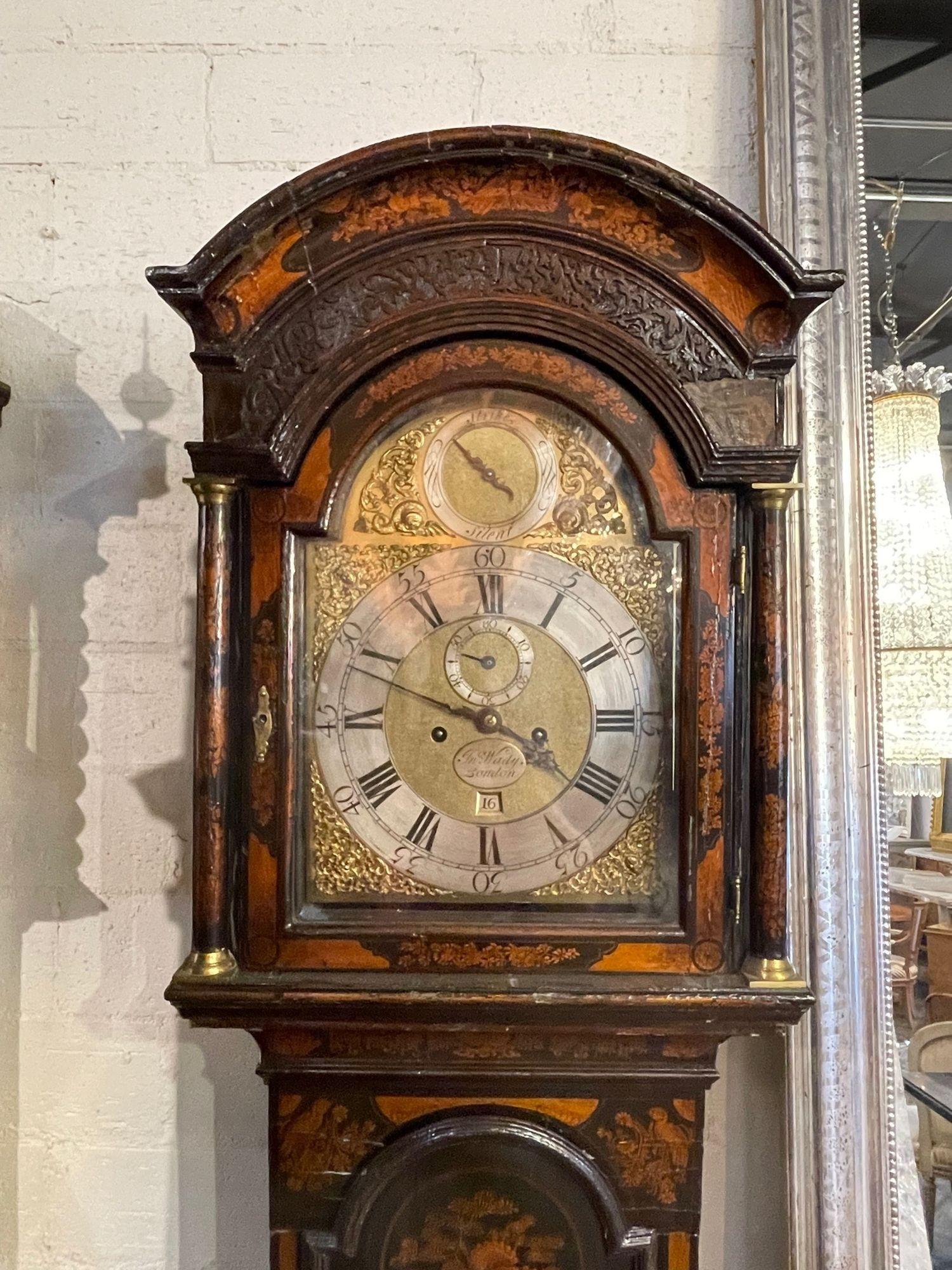 Wood 19th Century English Chinoiserie Decorated Tall Case Clock For Sale