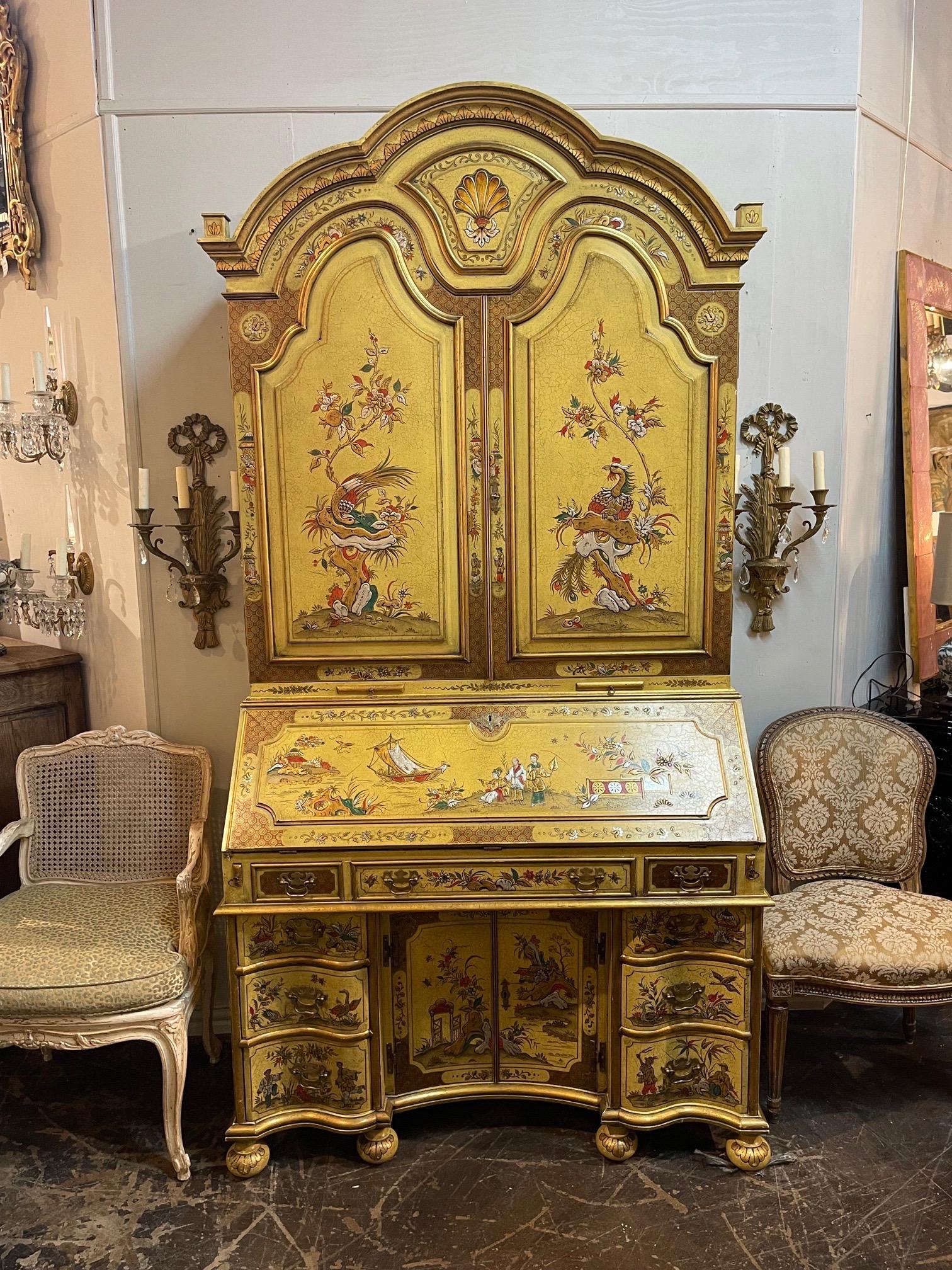Very fine English secretary cabinet with hand painted Chinoiserie design. Such pretty decorative designs, including birds, flowers and Asian images. And as you open the piece see multiple compartments and drawers. Exquisite!!.