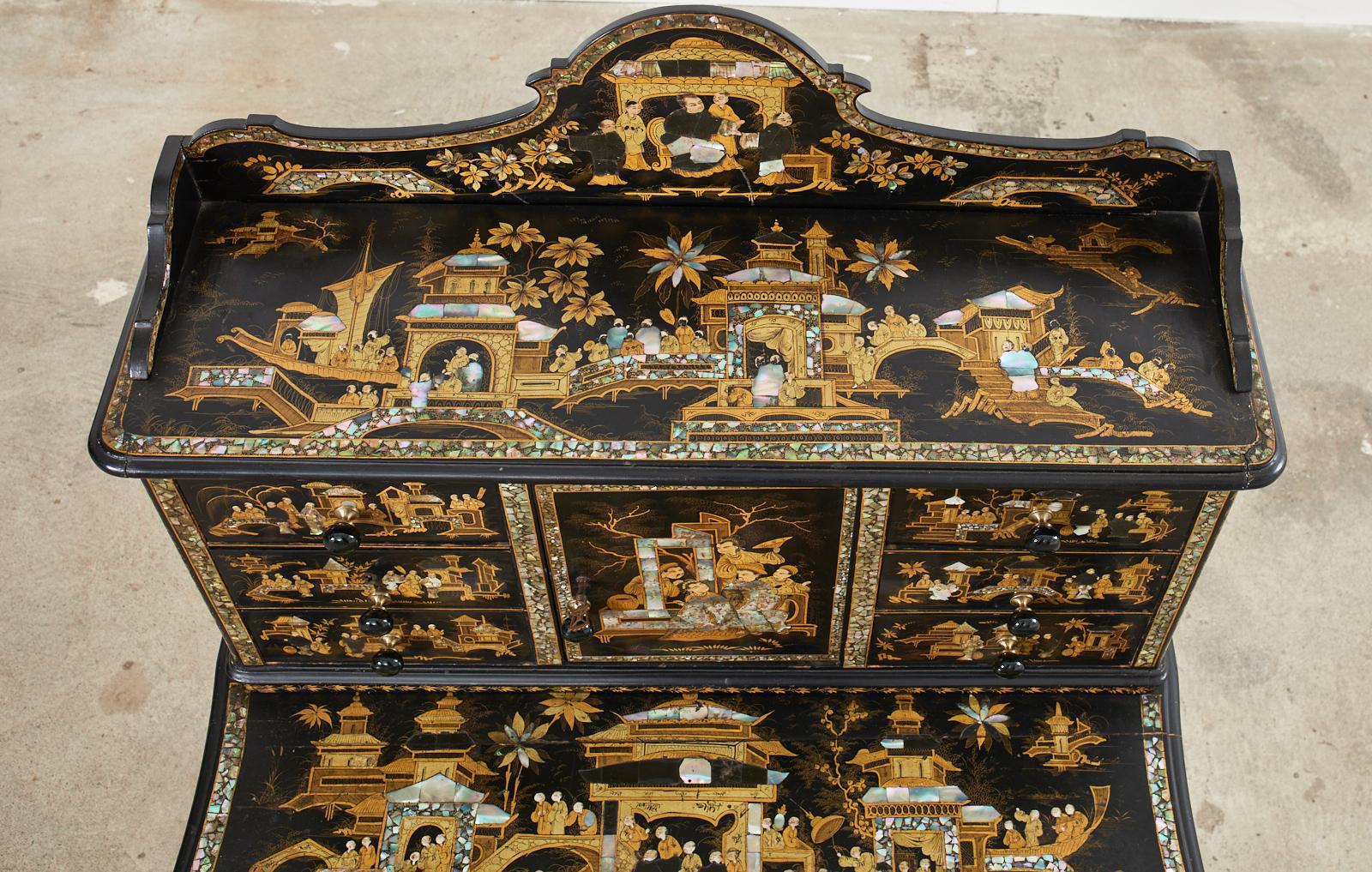 Mother-of-Pearl 19th Century English Chinoiserie Ladies Secretaire Writing Table For Sale