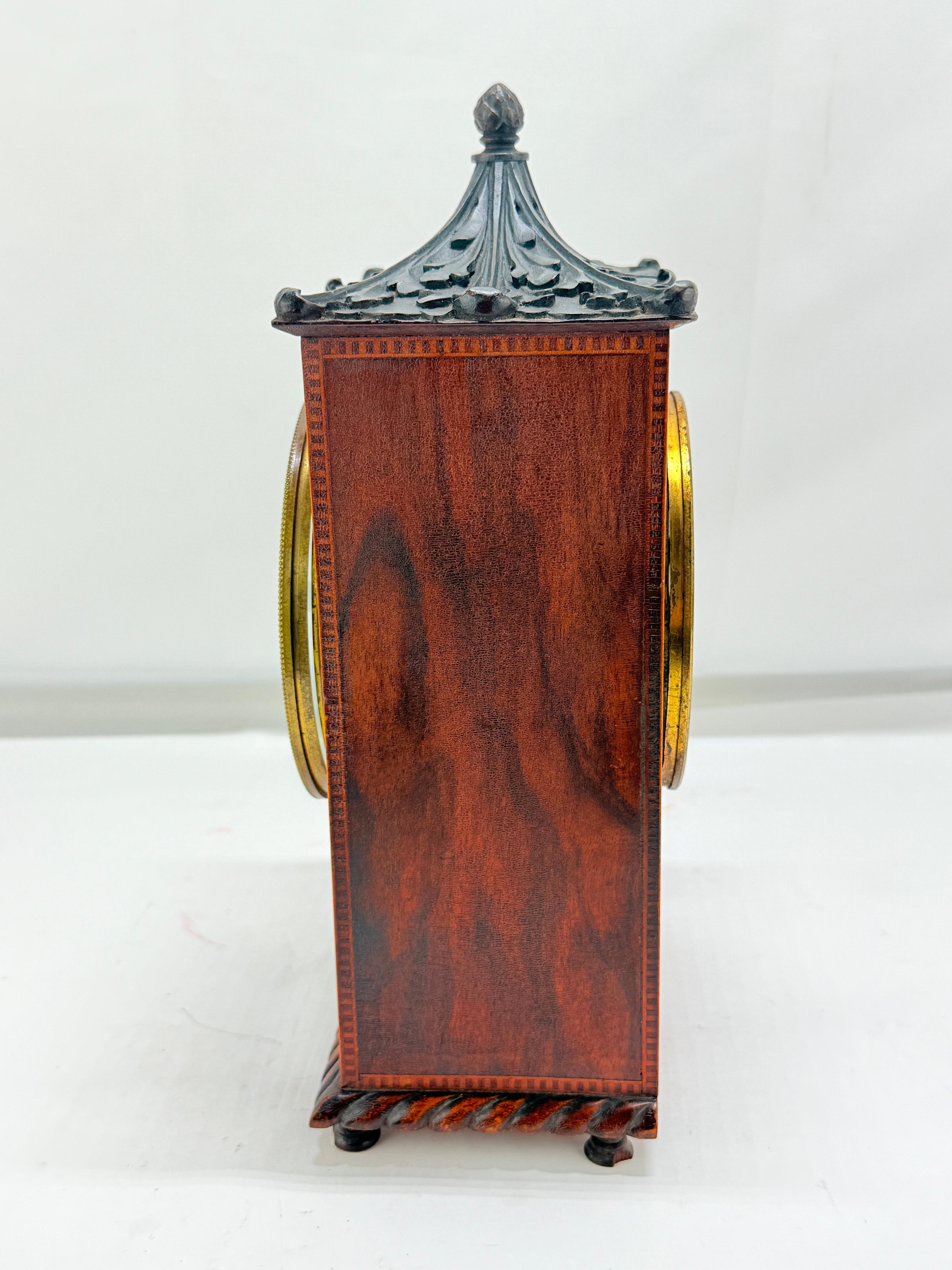 19th Century English Chinoiserie Revival Mahogany Inlaid Pagoda-Top Mantel Clock For Sale 6