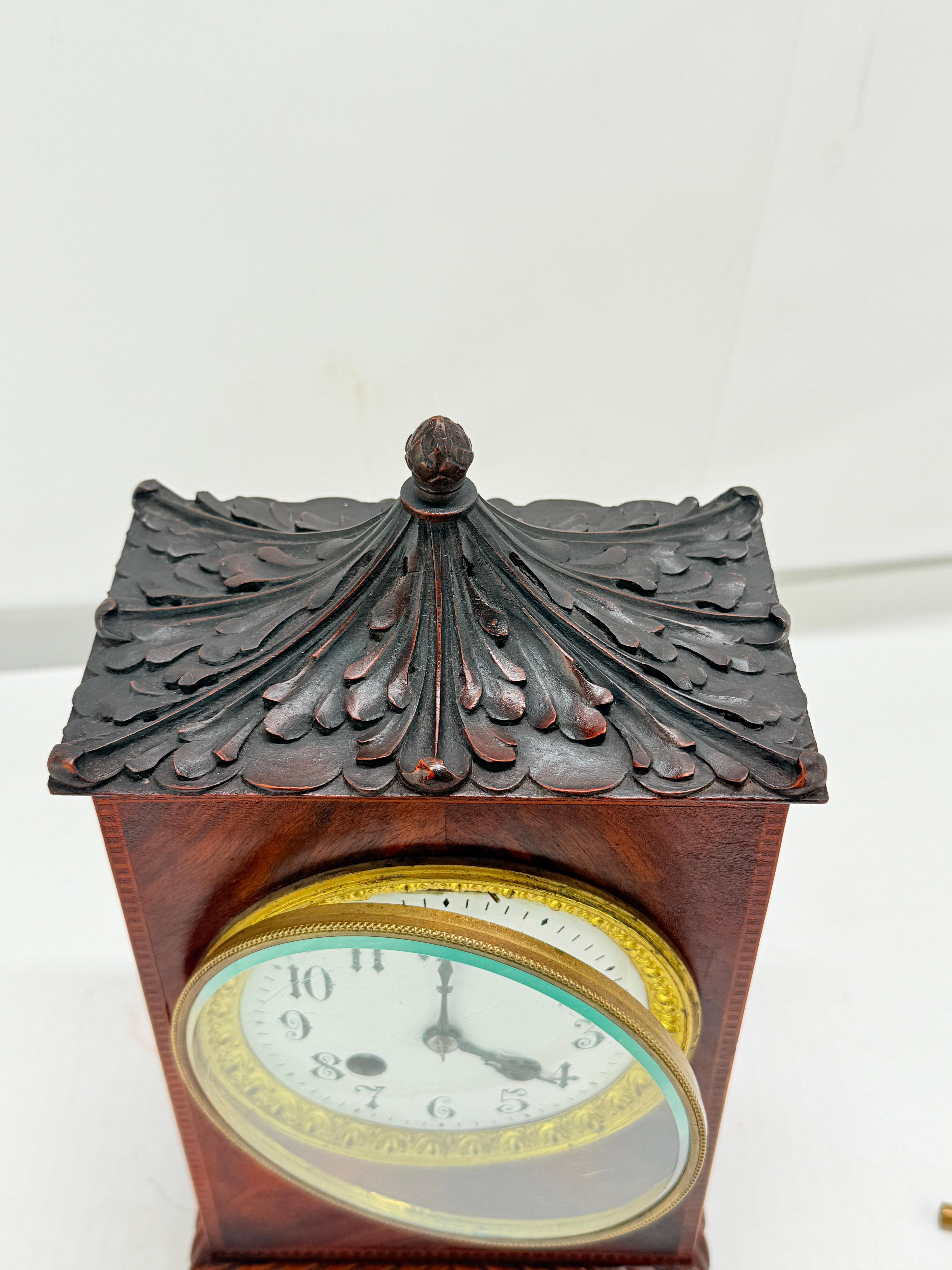 19th Century English Chinoiserie Revival Mahogany Inlaid Pagoda-Top Mantel Clock For Sale 7