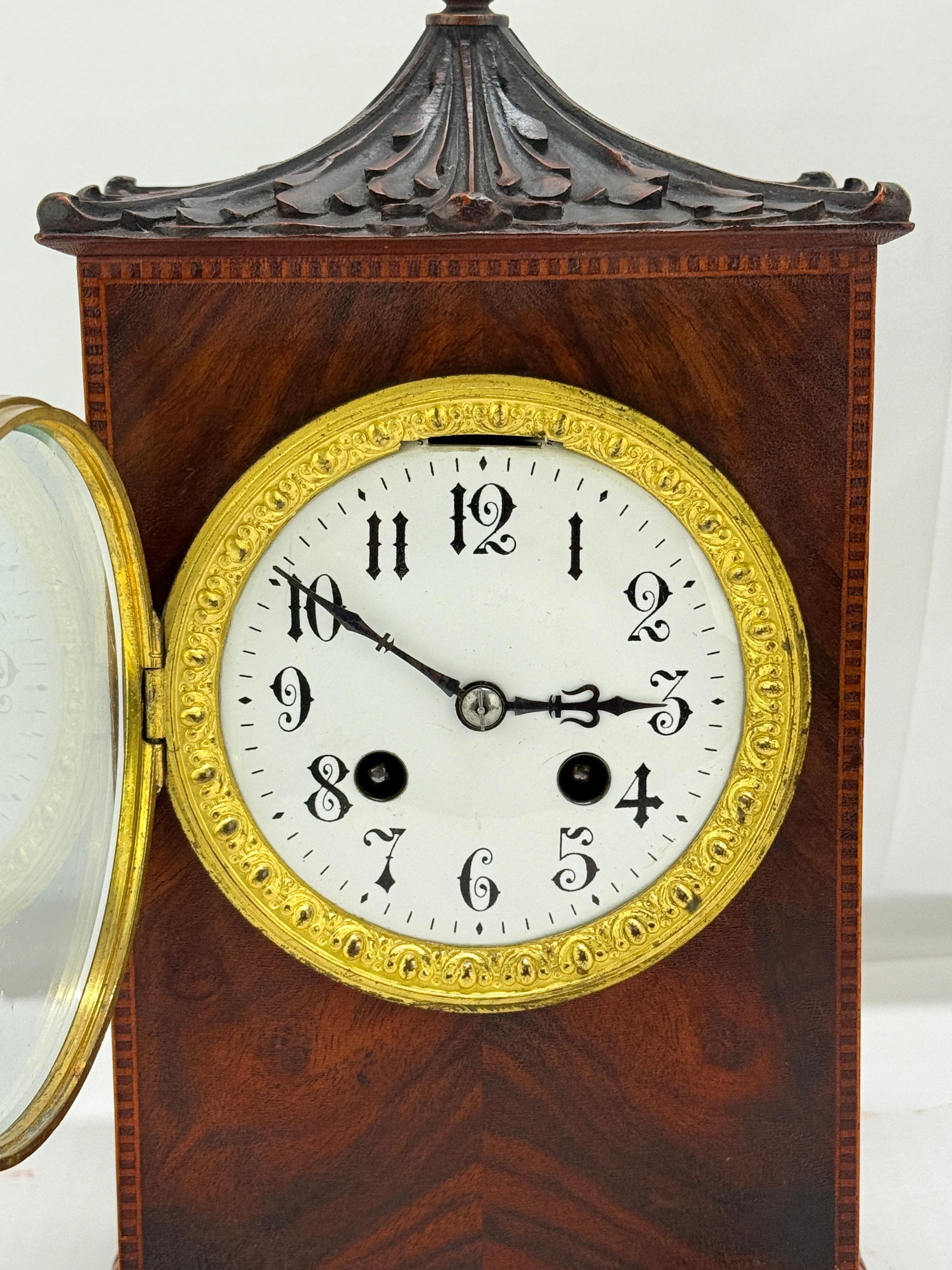 Bronze 19th Century English Chinoiserie Revival Mahogany Inlaid Pagoda-Top Mantel Clock For Sale