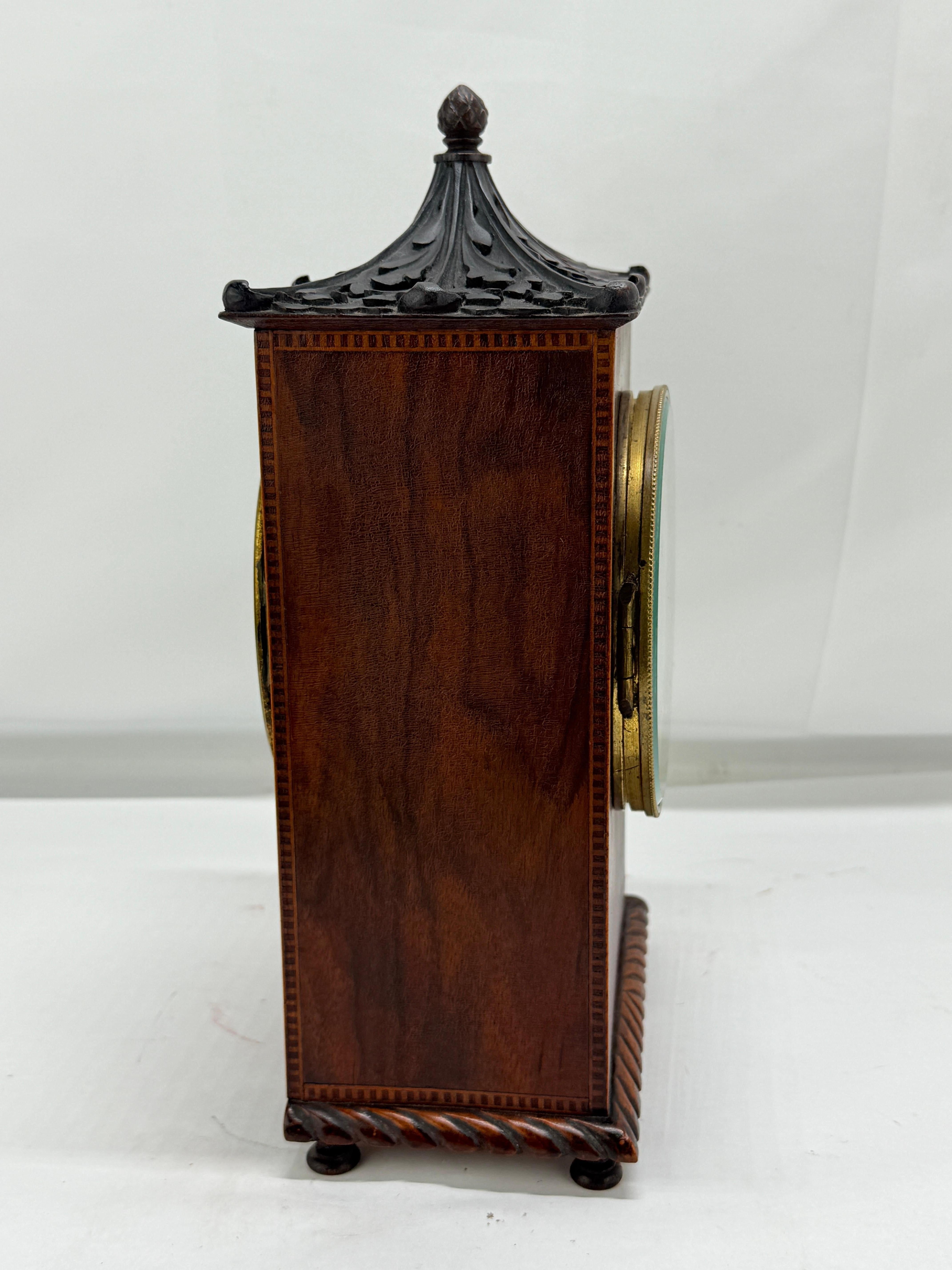 19th Century English Chinoiserie Revival Mahogany Inlaid Pagoda-Top Mantel Clock For Sale 2