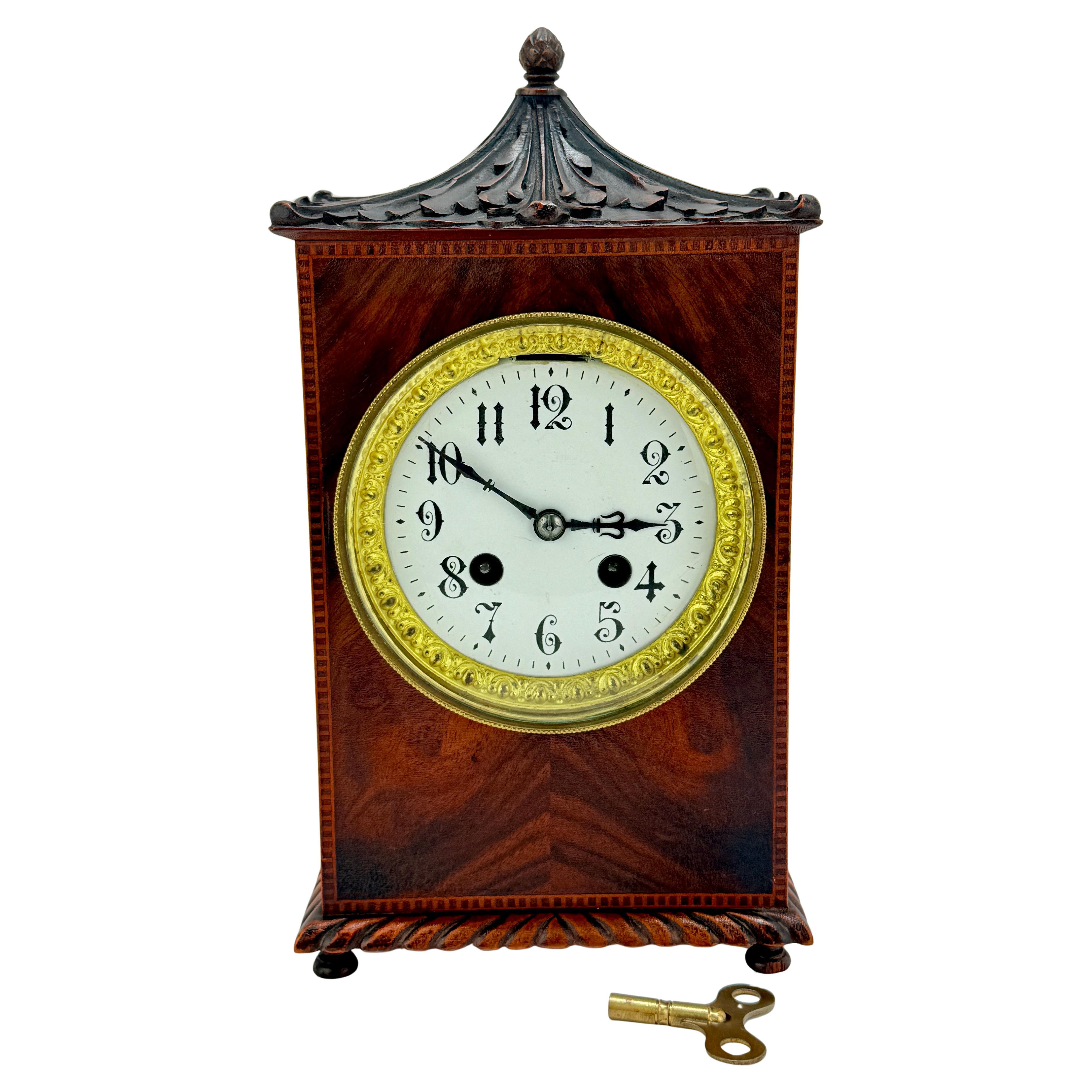 19th Century English Chinoiserie Revival Mahogany Inlaid Pagoda-Top Mantel Clock For Sale