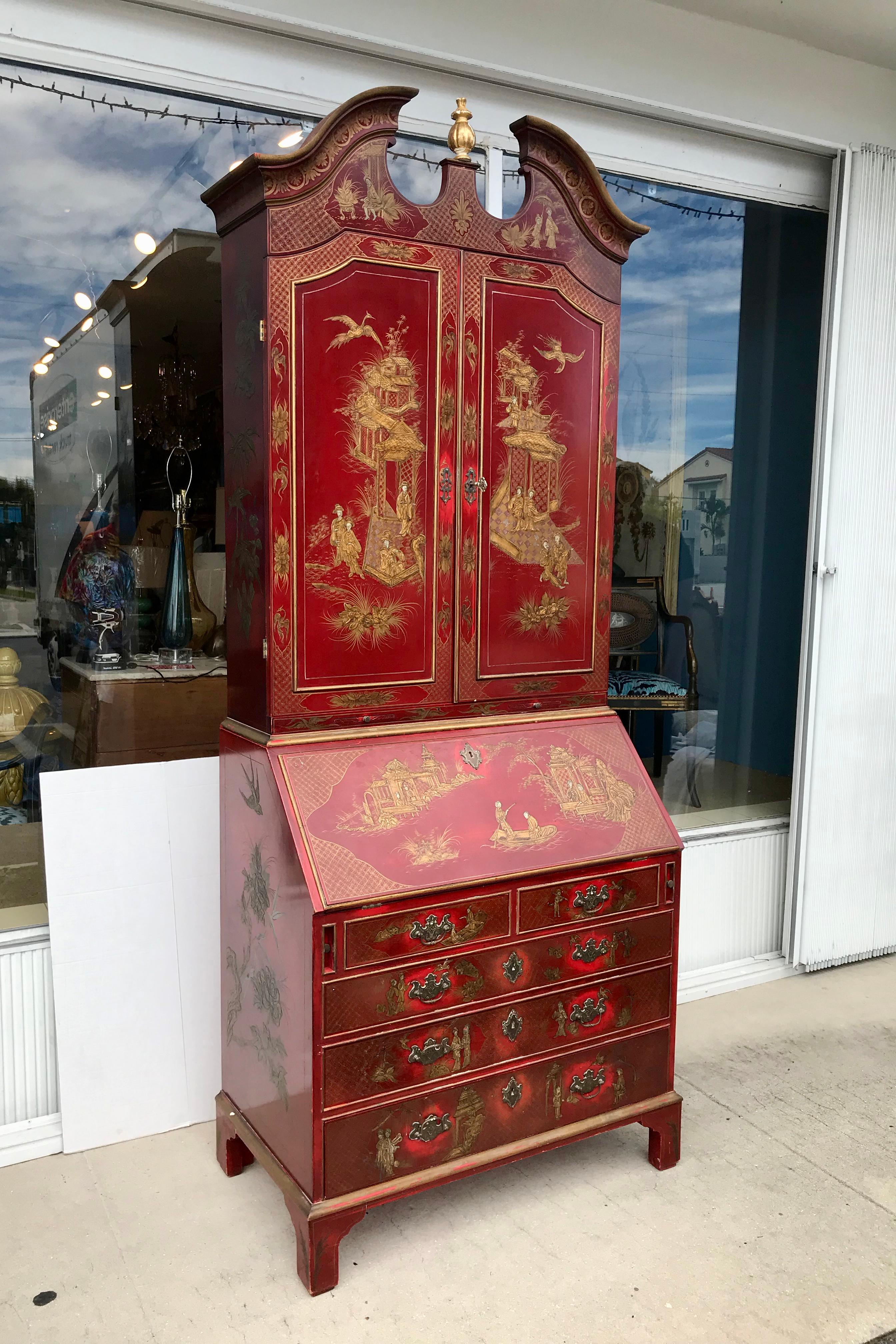 Superior quality, an important and highly stylized Edwardian period desk.
Magnificent rich color, elaborate pen work and a multitude of chinoiserie details
distinguish this desk. A plethora of figures dominate the design.
The desk is fitted with