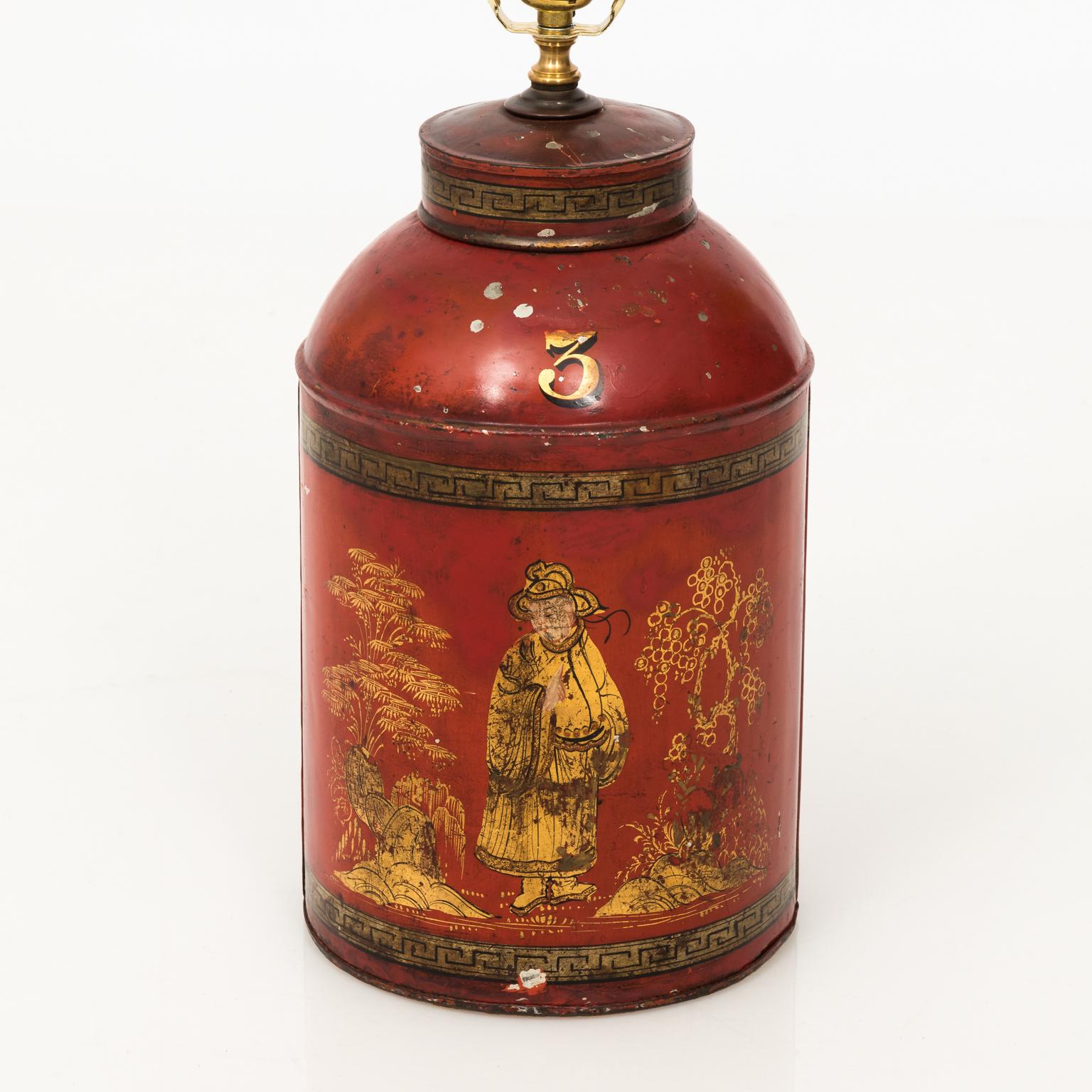 19th Century English Chinoiserie Style Red Painted Tea Canister Lamp In Good Condition In Stamford, CT