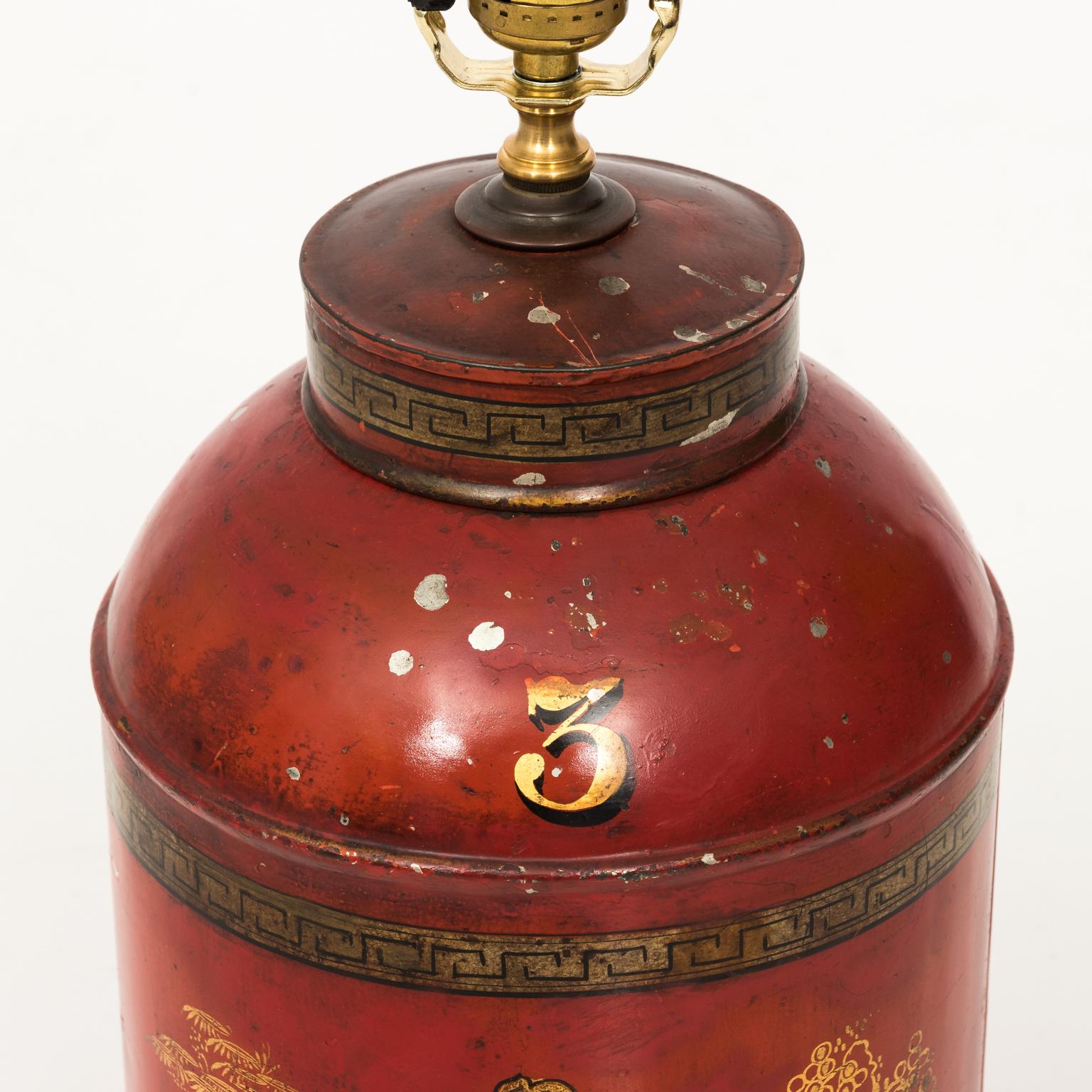 Tin 19th Century English Chinoiserie Style Red Painted Tea Canister Lamp