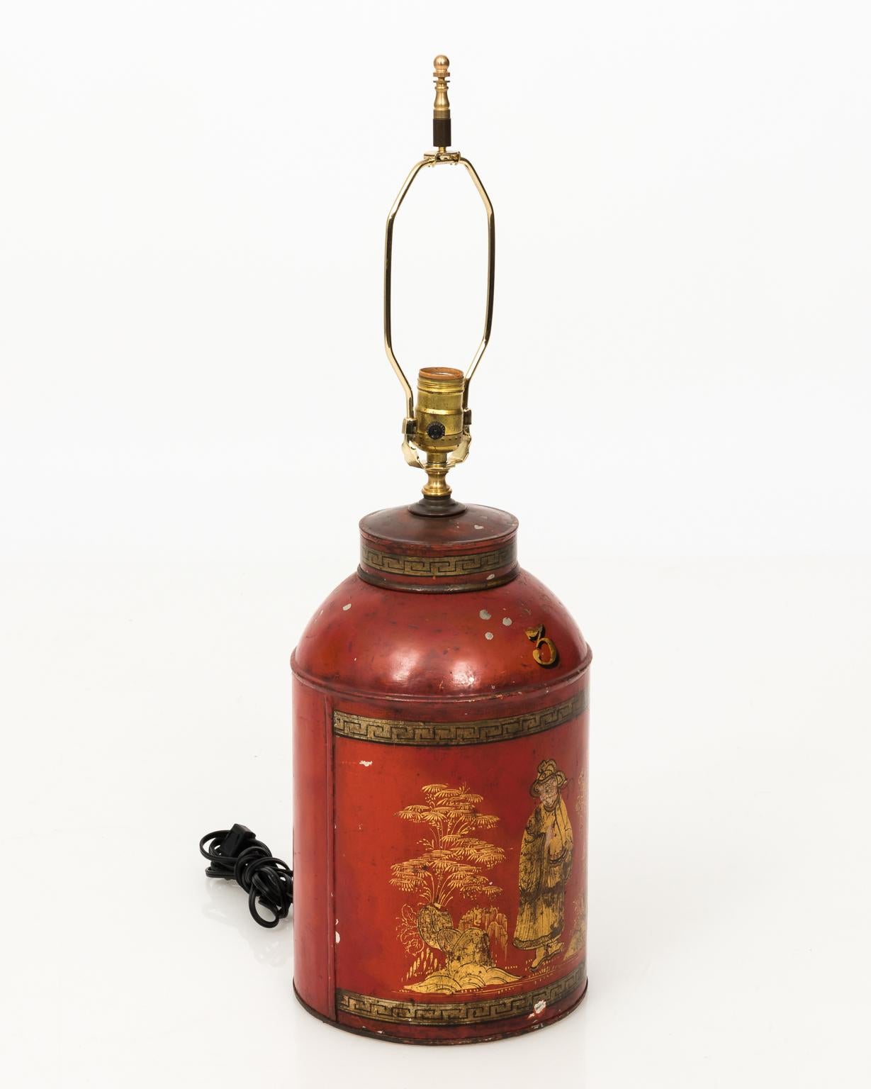 19th Century English Chinoiserie Style Red Painted Tea Canister Lamp 2